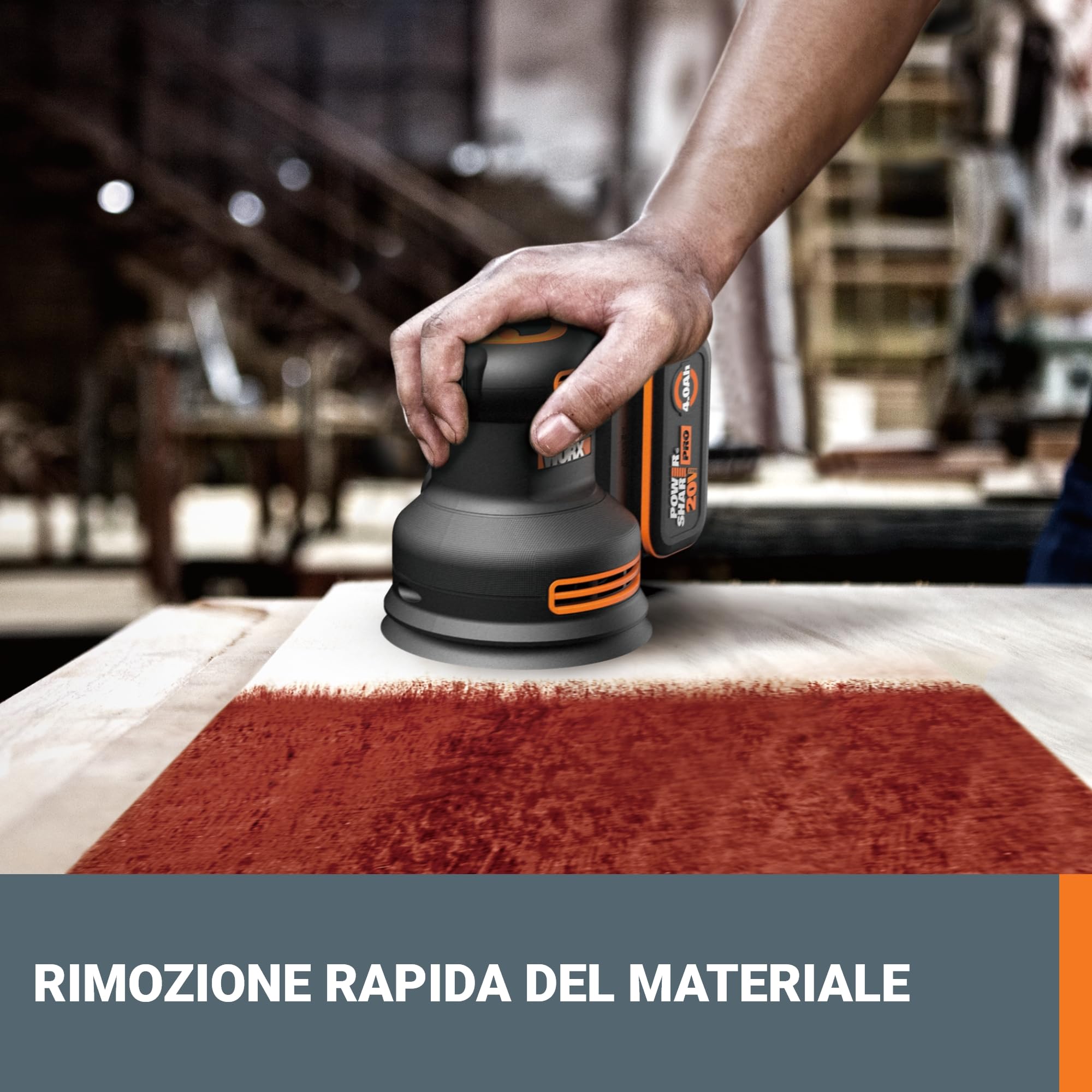 WORX NITRO - Levigatrice eccentrica senza fili, 20 V, piastra di levigatura 125 mm, ideale per superfici piane o curve, Brushless, velocità variabile, fornita senza batteria e caricabatterie, WX823.9