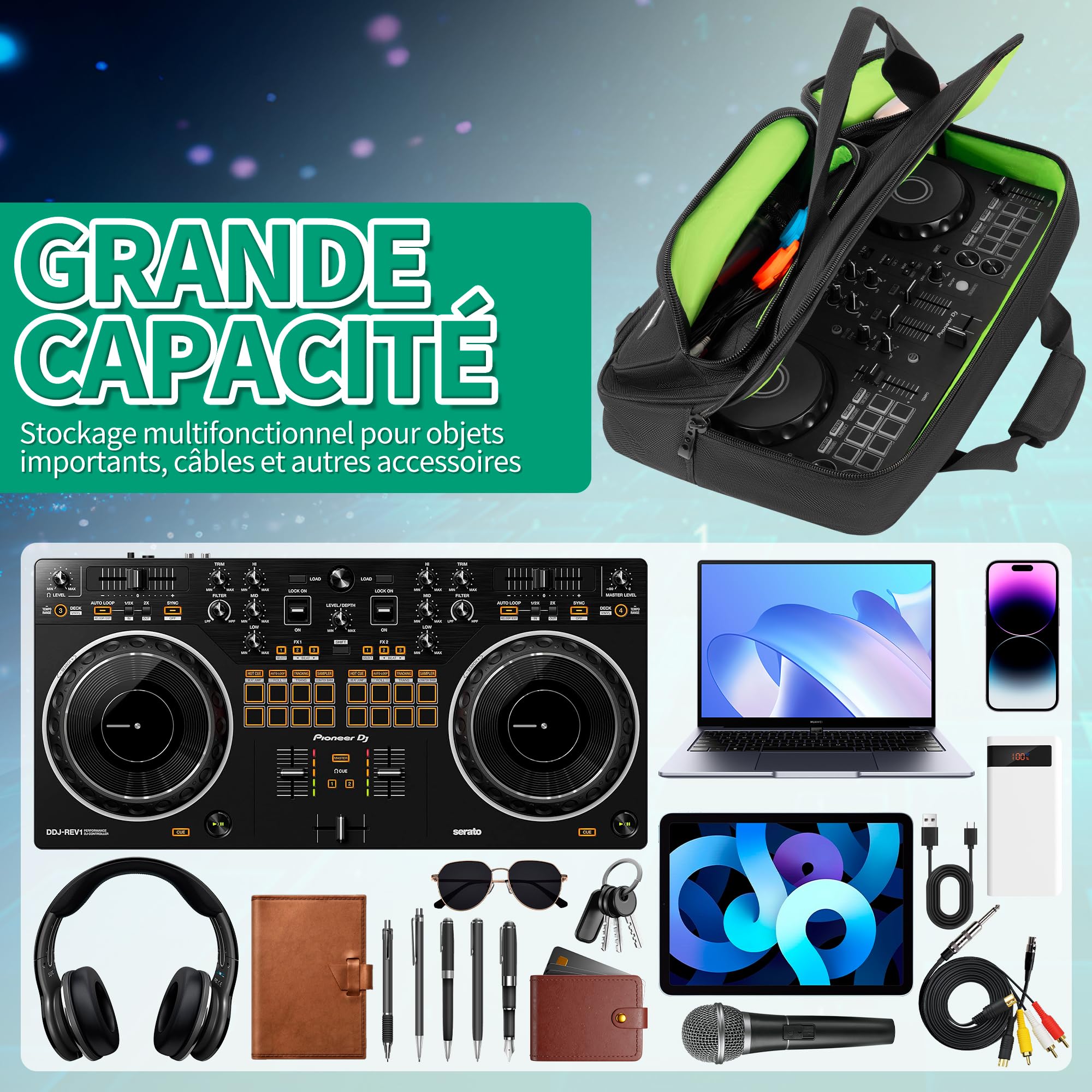 OUUTMEE Sac Contrôleur DJ, Sac de Transport pour Contrôleur DJ, Housse de Protection DJ avec Bandoulières, Compatible avec Pioneer DDJ 200, DDJ 400, FLX4, DDJ-SB2 3. (52 X 30 X 10CM)