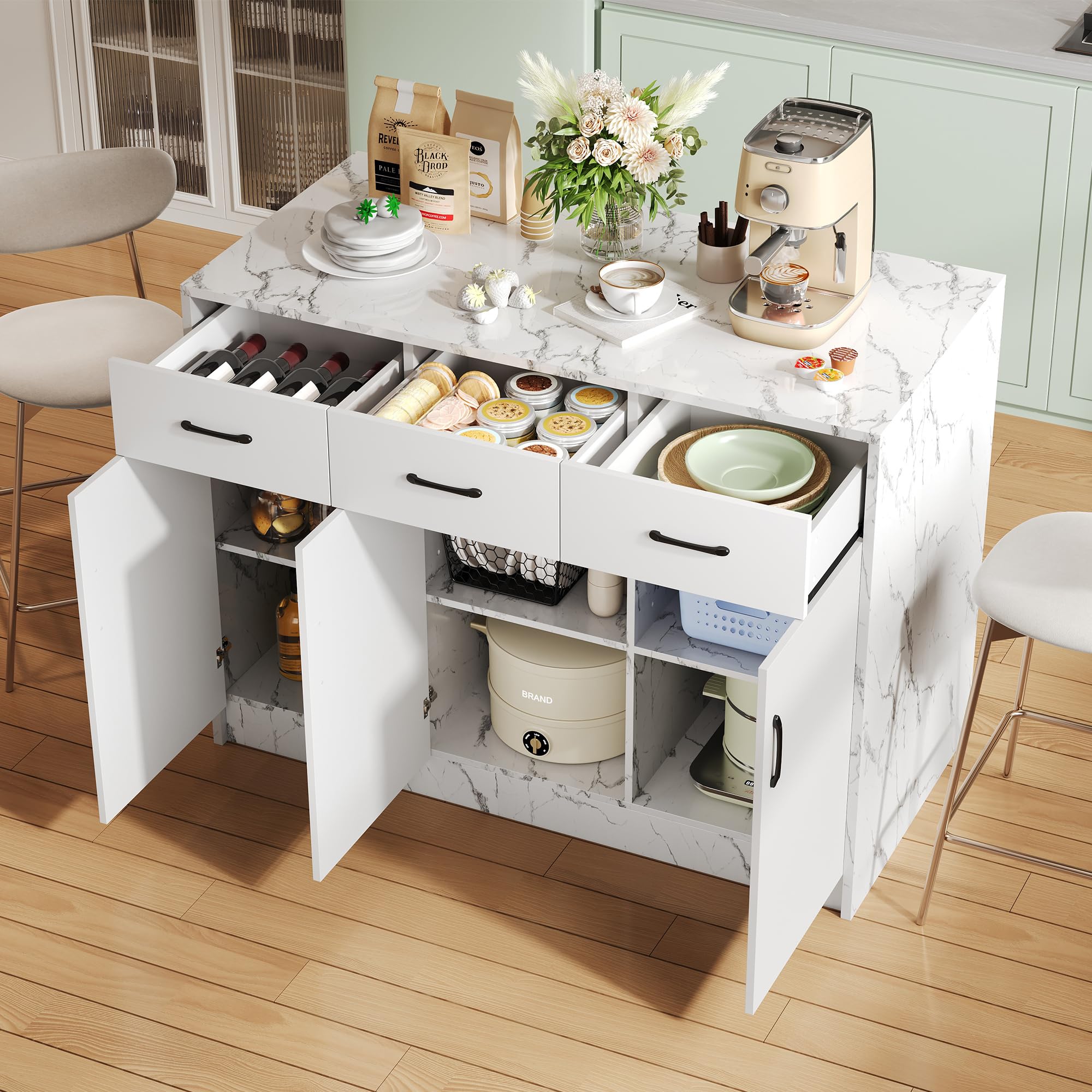 Gran Isla de Cocina, Mueble de mármol con Espacio de Almacenamiento, Mesa de Comedor con 3 cajones y 3 Puertas, Carrito de Bar, 120x60x90,5 cm, Blanco