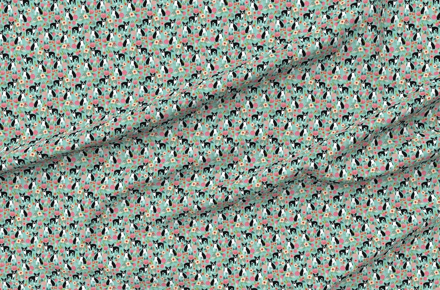 Spoonflower Fabric - Boston Terrier, Vintage Style, Florals, Dogs, Mint Green, Dog, Flower, Printed on Organic Cotton Sateen Fabric by The Yard - Sewing Quilting Apparel Home Decor