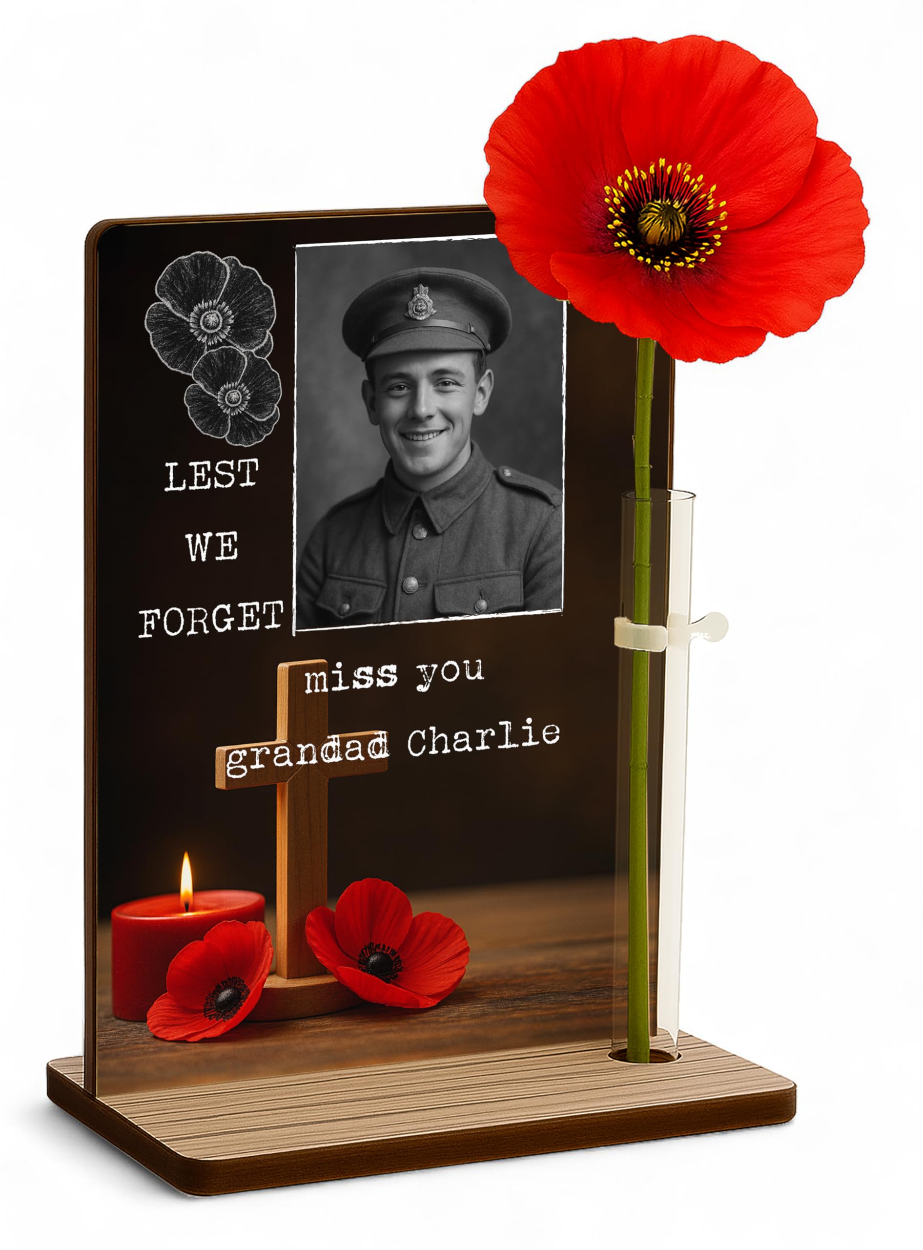 The Plum Penguin Personalised Remembrance Sunday Poppy Freestanding Memorial Lest We Forget Plaque Photo & Flower Holder (Candlelit Cross)