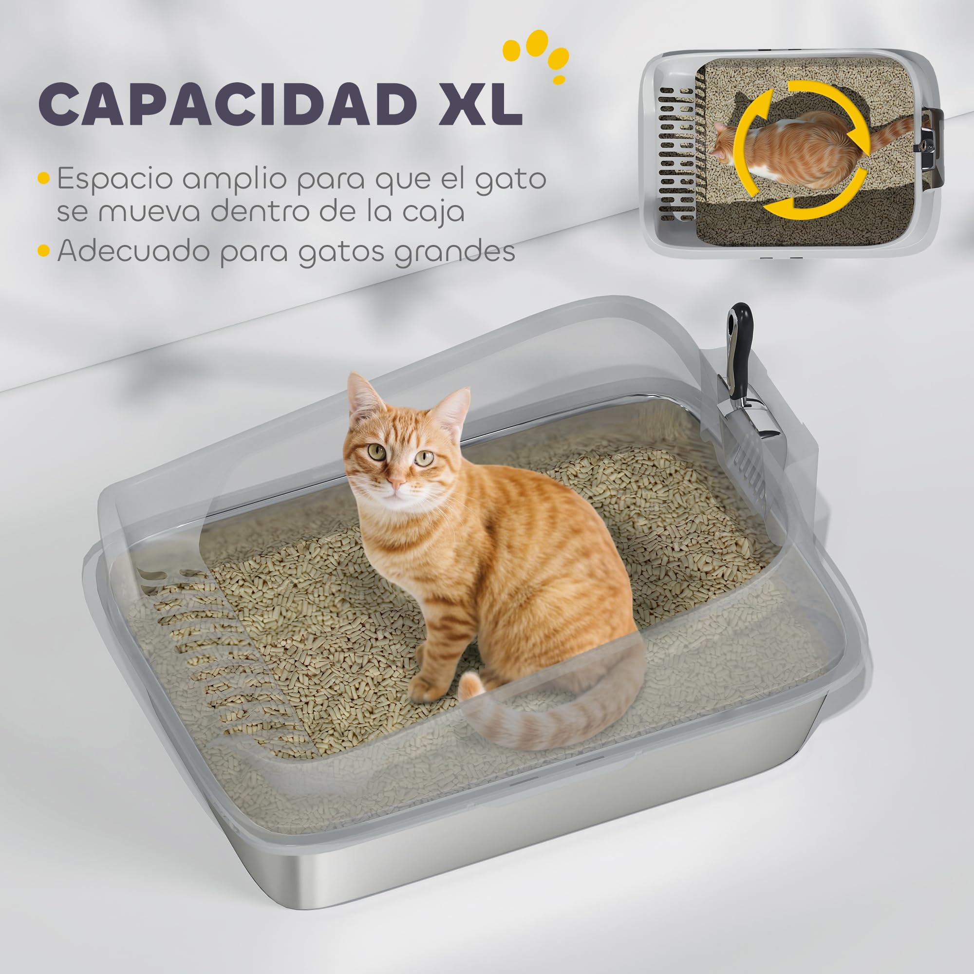 PawHut Arenero para Gatos de Acero Inoxidable XL, 60,2x40,2x29,7 cm, Gris | Caja de Arena para Gatos, Arenero con Borde Alto, Pala Metálica, Fácil de Limpiar, Prueba de Fugas