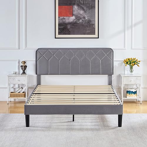 Miniatura 8 de VECELO Base de cama tamaño Queen con plataforma tapizada de cuero de alta calidad con cabecera ajustable en altura  base de colchón, soporte de