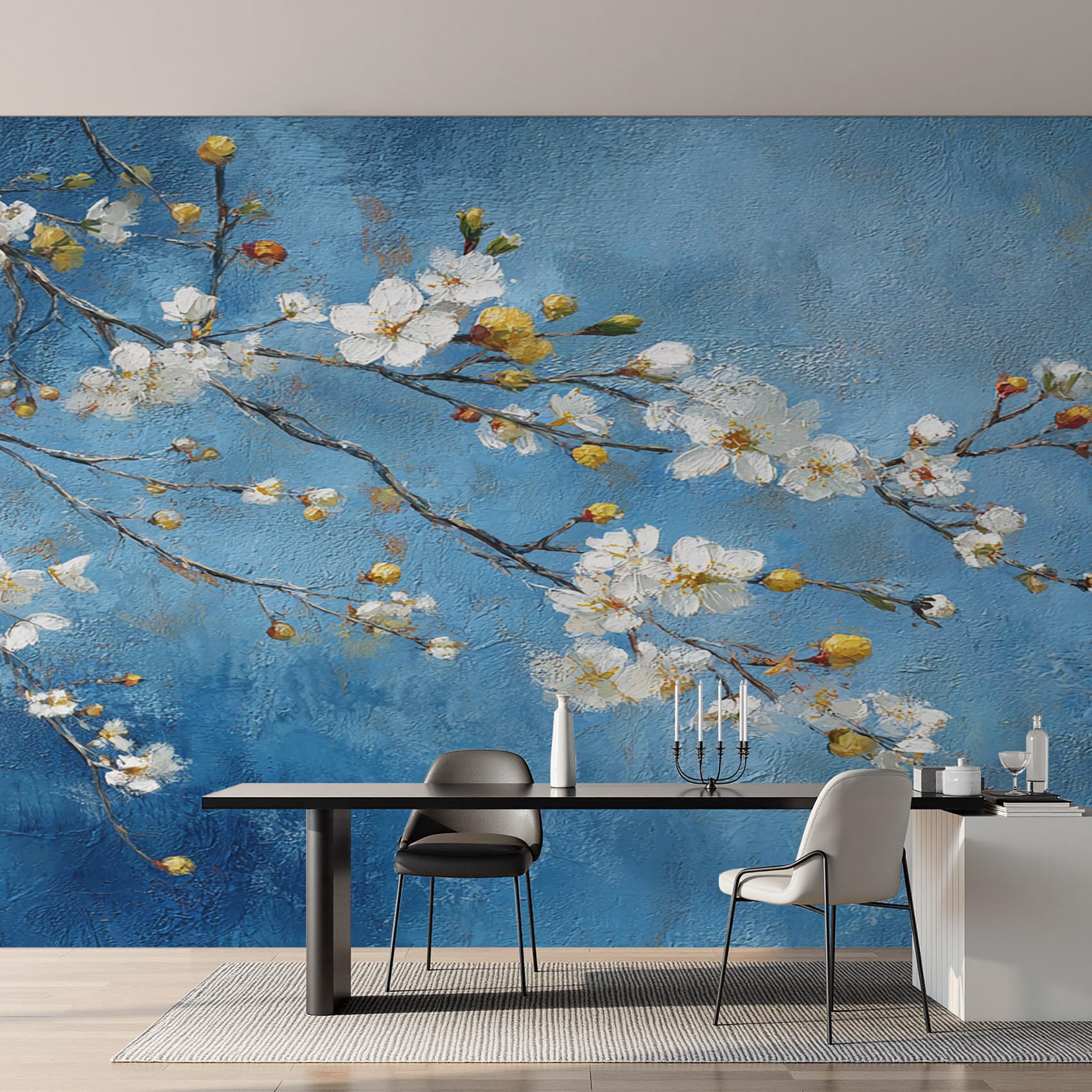Papier peint panoramique fleur de prunier blanc pour moderniser un mur blanc ou abîmé