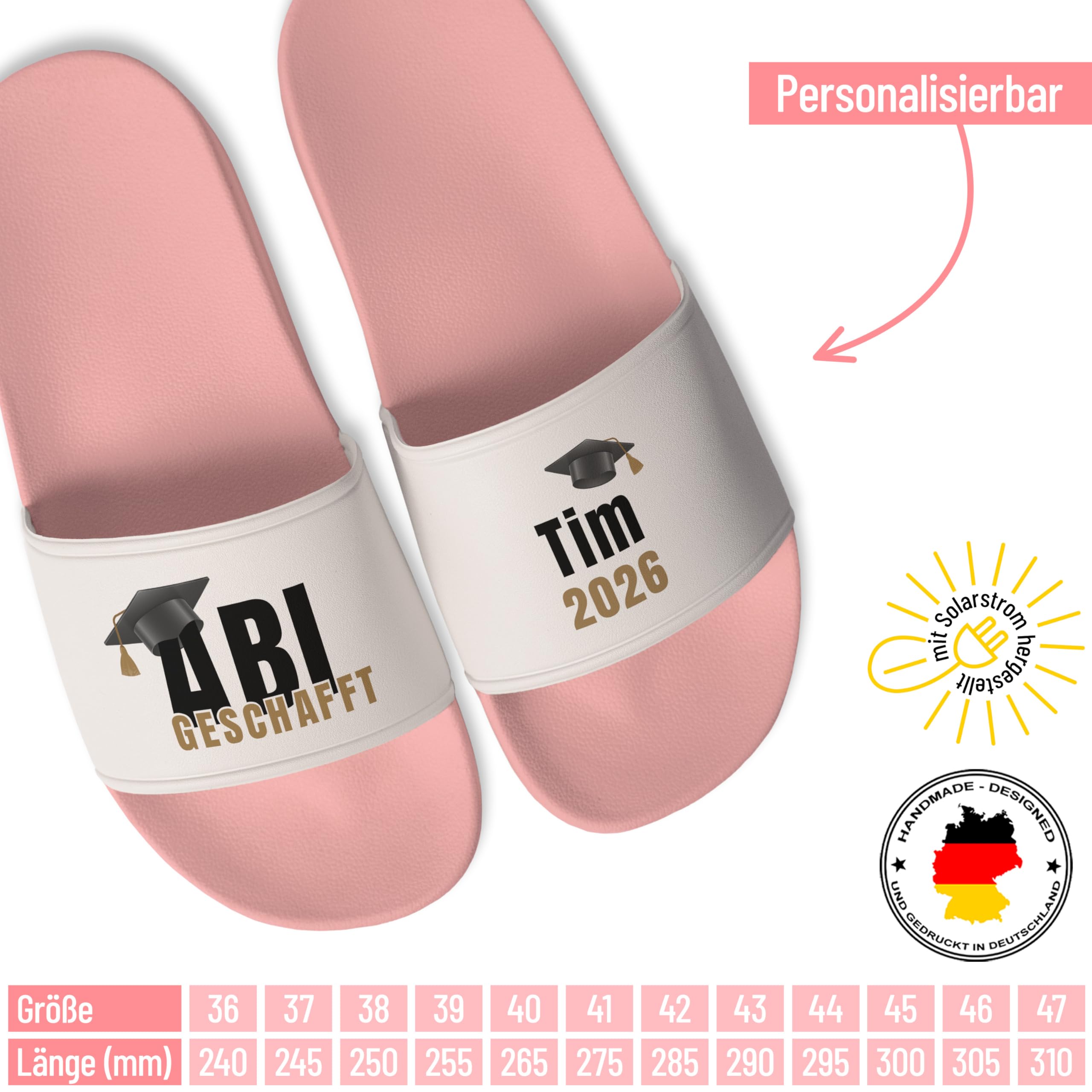 True Statements Geschenke zum Abitur: Lustige Badelatschen personalisiert „ABI 2026 Geschafft & War dabei“ – Bade-Schlappen personalisiert mit Namen für Mädchen & Jungen | Abitur Geschenke
