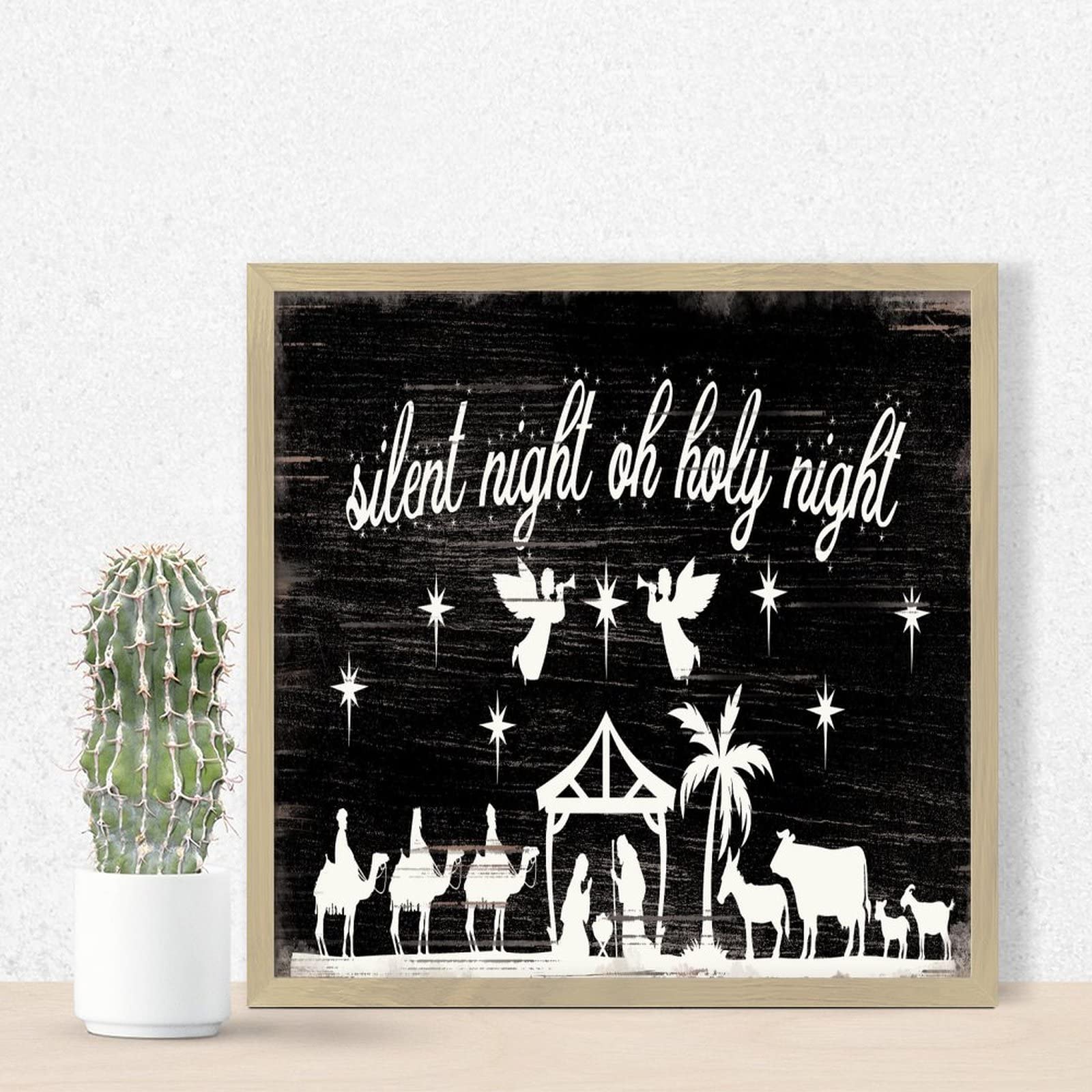 Placa de madera Oh Holy Night para decoración de mesa en una granja rústica en Navidad