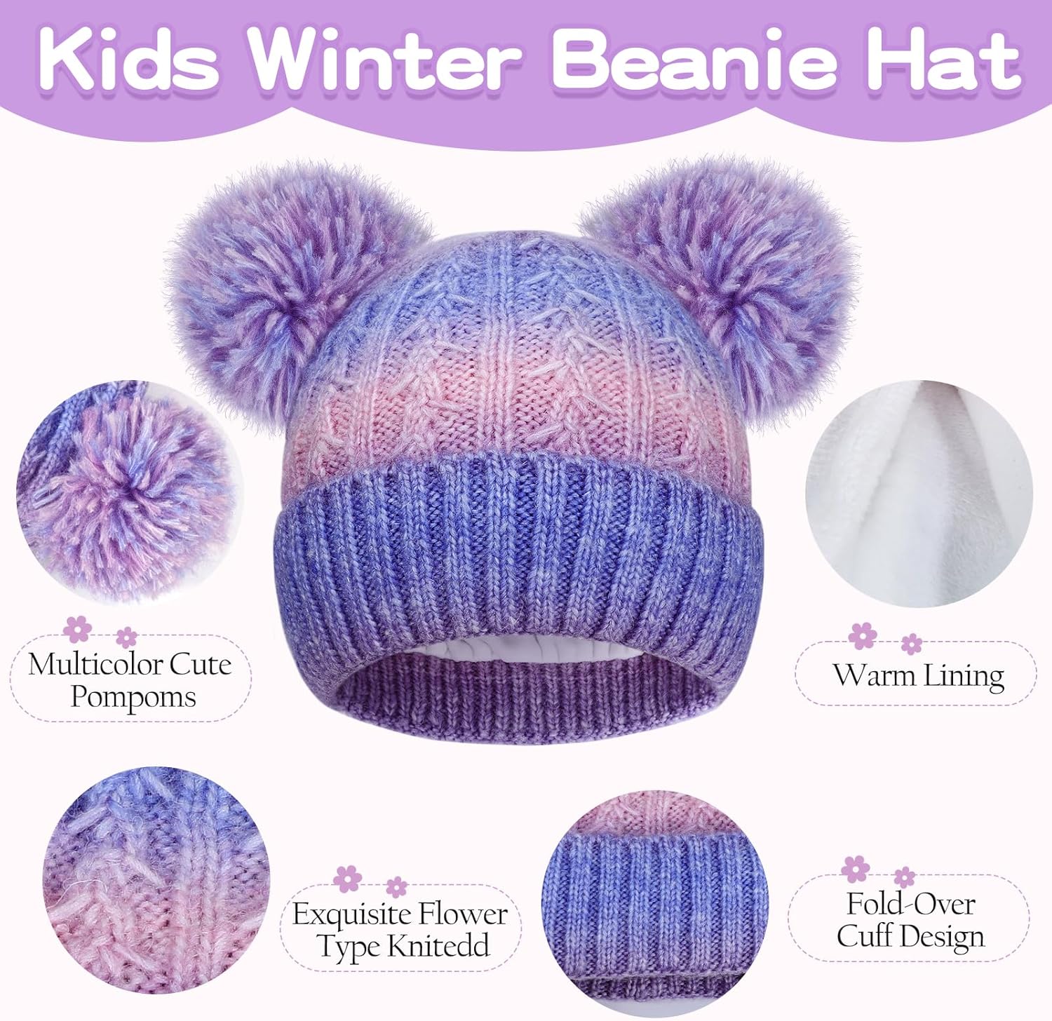 Girls Ski Beanie & Mittens Set - Fleece-Lined Knit Hat & Gloves for Girls, Winter Sports Gear - Image 3