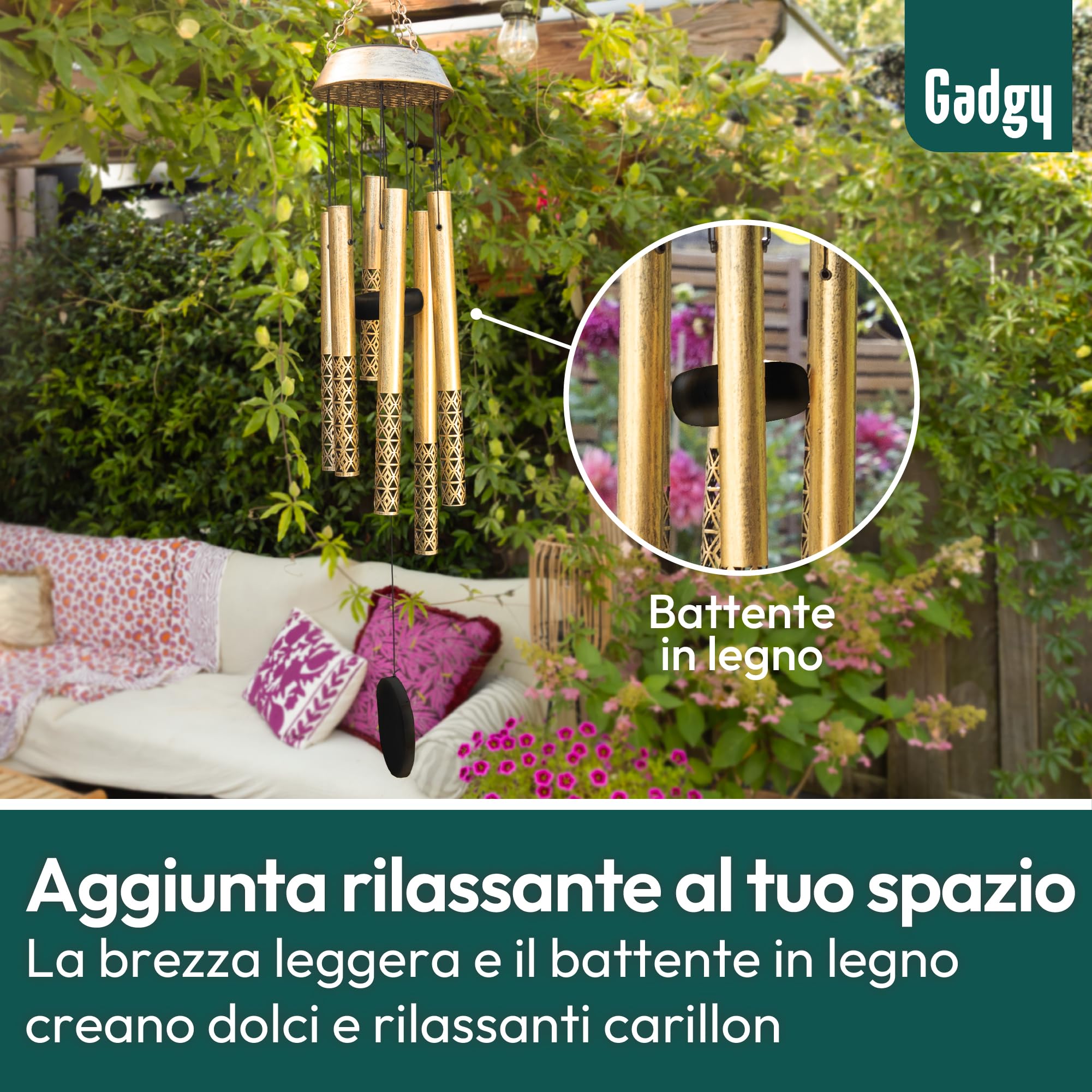 Gadgy Scacciapensieri Solare con LED – Campanella a Vento da Esterno in Alluminio & Legno – Decorazione da Giardino, Balcone & Terrazza Resistente alle Intemperie