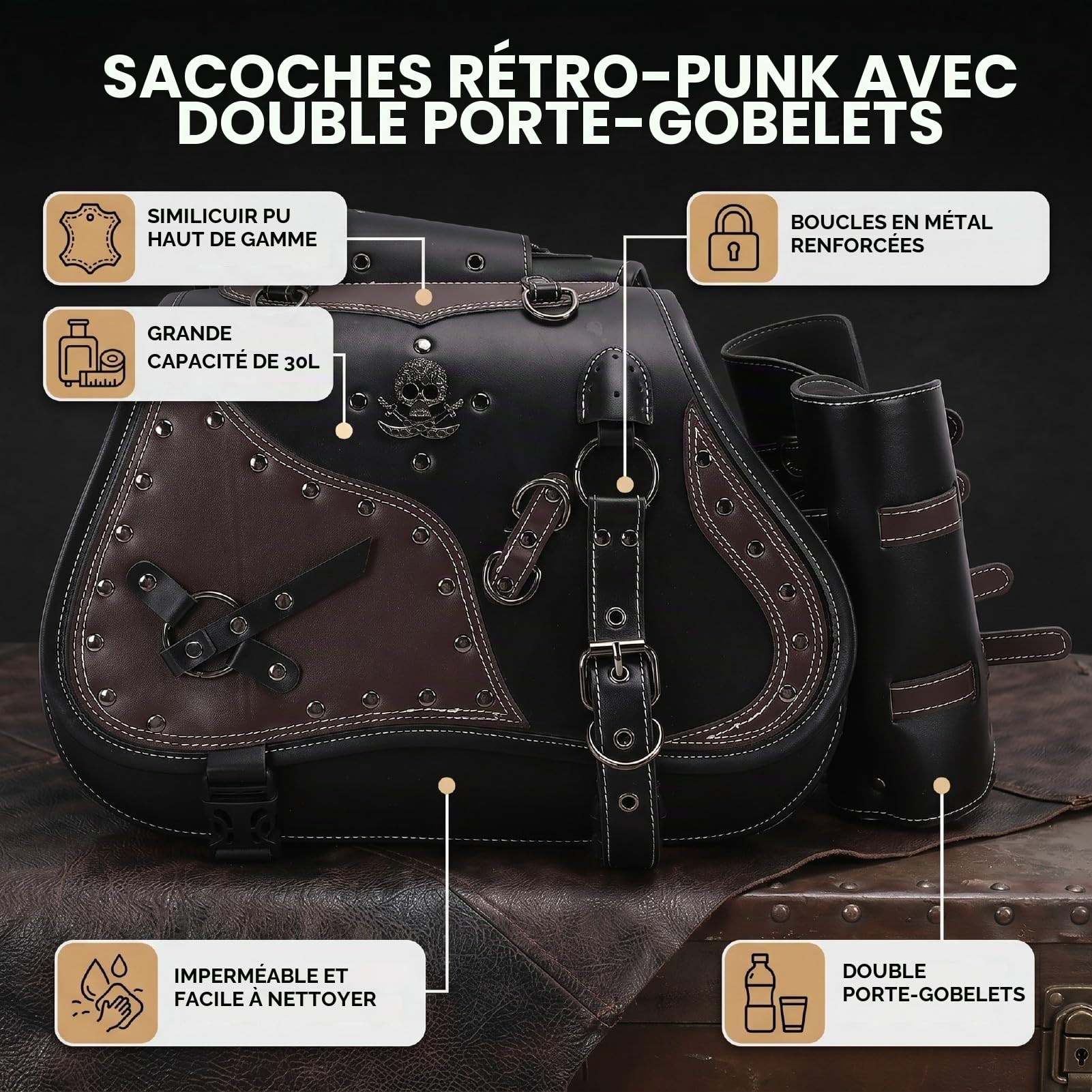 Sacoches De Moto en Cuir, 30l Grande Capacité D'étanchéité PU Jeter sur Panniers Bagages Latéraux Sacs avec Porte-Gobelets Punk Vintage Universel pour Vélo De Sport