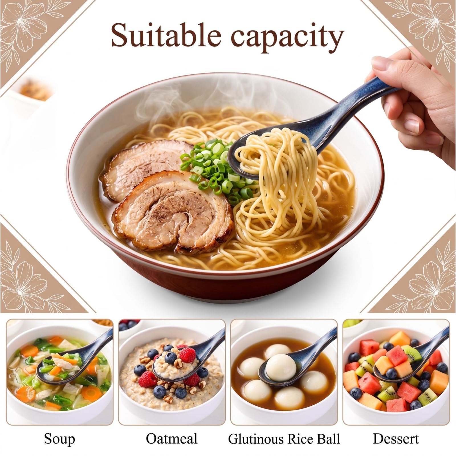Cididu 8 Stück Asiatische Suppenlöffel Keramik, Chinesische Suppenlöffel mit rutschfester Unterseite, Retro Porzellan Löffel Japanische Pho Löffel Ramen Löffel für Wonton, Nudeln, Miso, Knödel,
