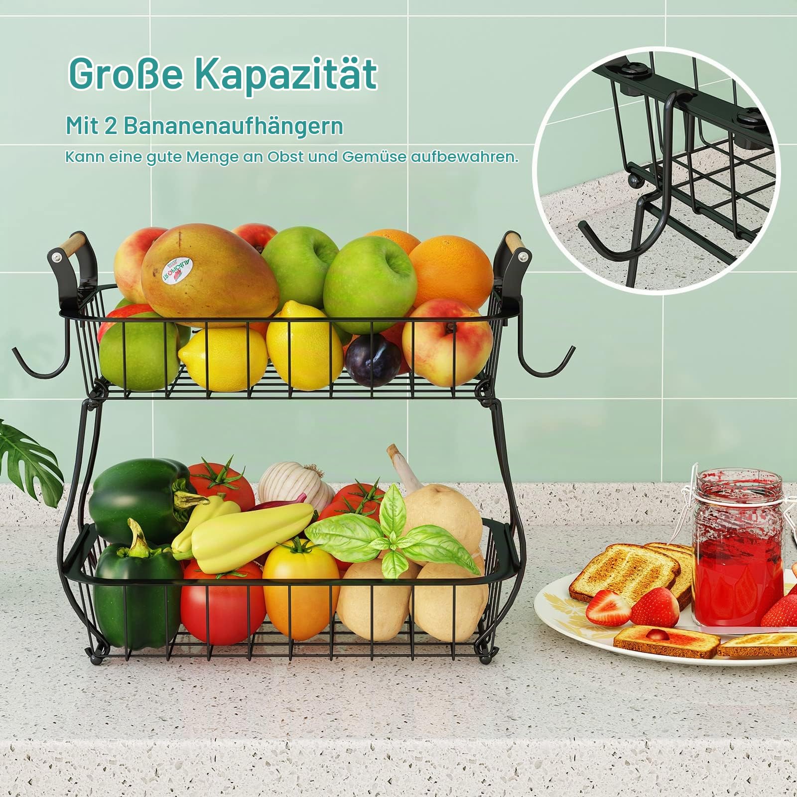 ANTOPY 2-stöckiger Obstkorb mit 2 Bananenbügeln, Obst-Gemüse-Korb für die Küchentheke, Metalldraht, Aufbewahrungskorb, Obstständer, Halter, Organizer für Brot, Snacks, Gemüse, Schwarz