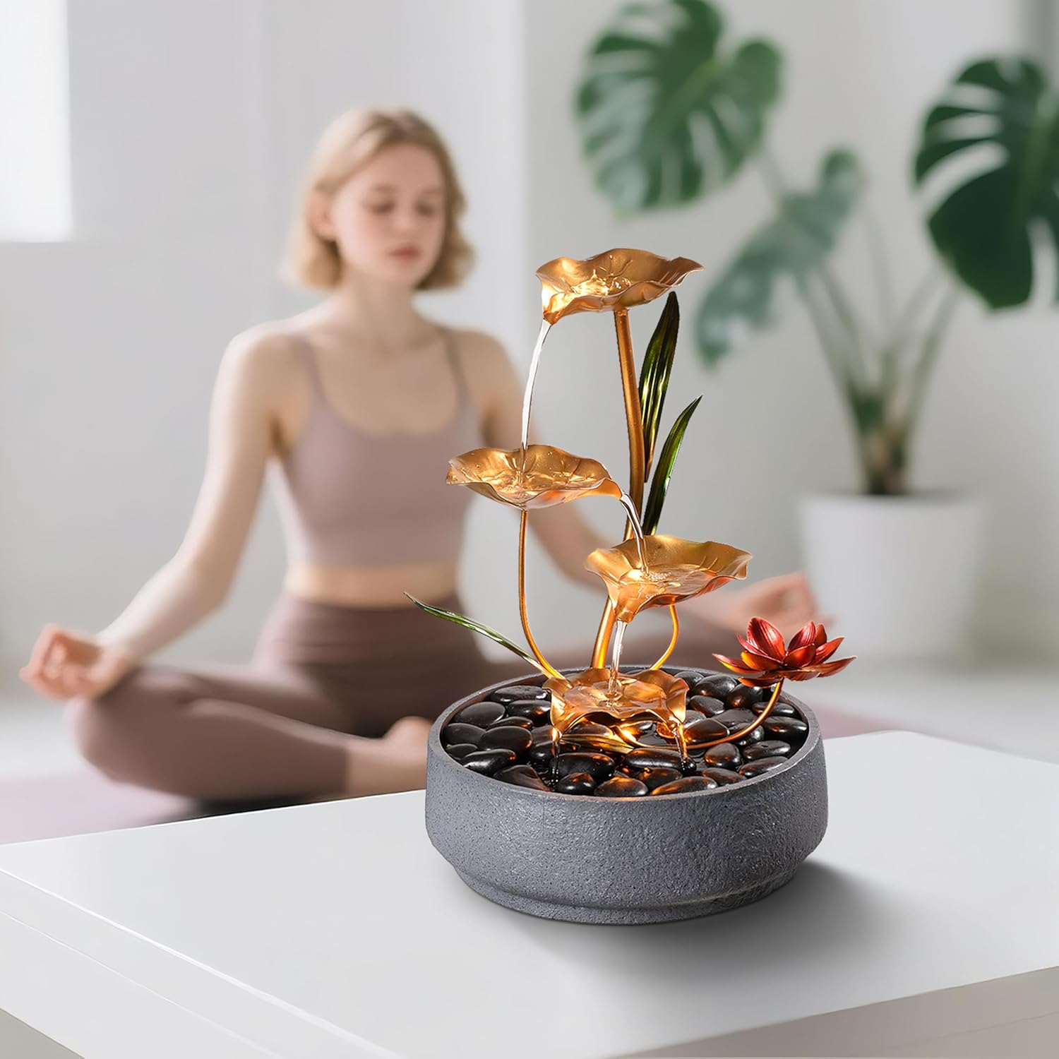 Indoor Tabletop Fountain Exquisite Meditation Desk Water Fountain Decorative Zen,4-Tier Lotus Desk Fountain,Home/Office Decor Housewarming Gift for Mom（23154）