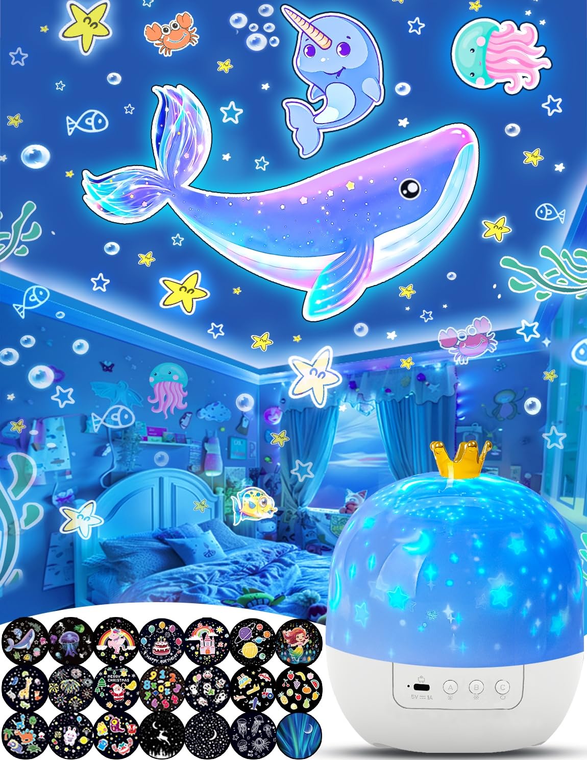 21 Sets Filme, Kinder Nachtlicht Projektor, Projektor Nachtlicht für Kinder Schlafzimmer, Star Galaxy Light Lampe mit 360° Drehung Dimmbar für Mädchen, Geburtstag, Weihnachten, Kinderzimmer, Raumdekor