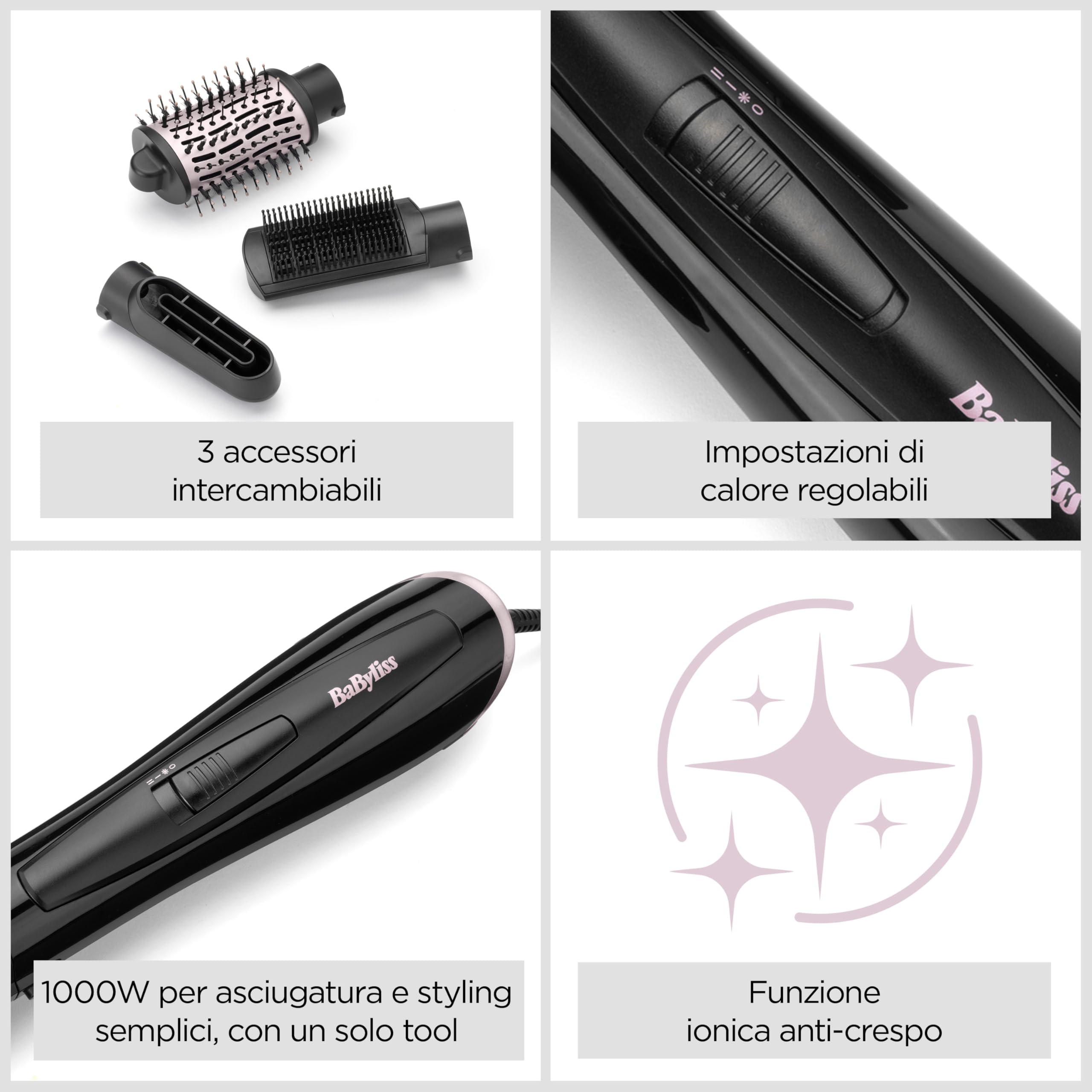 BaByliss AS128E Spazzola ad aria Style Smooth 1000W, Asciuga, modella e crea volume, tutto in uno, funzione ionica anti-crespo, 3 accessori