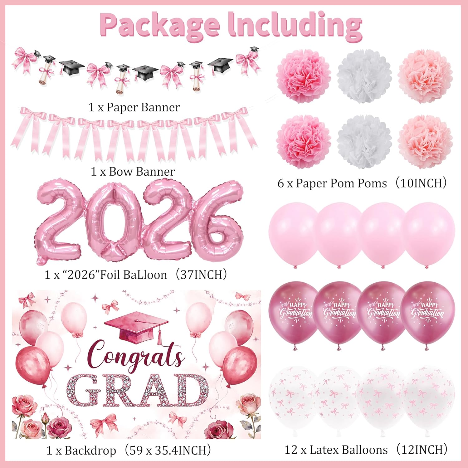 Pink Bow Graduation Party Decorations, Pink Bow Graduation Banner & Garland Banner, 2026 Grad Congratulations Balloon, Congratulations Graduates Party Supplies(22PCS)