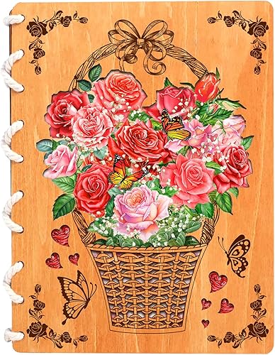 DEPLEE Rose Basket - Tarjetas de madera de 6 x 8 pulgadas, tarjeta de aniversario para ella con diseño romántico de tarjeta de madera, tarjeta de