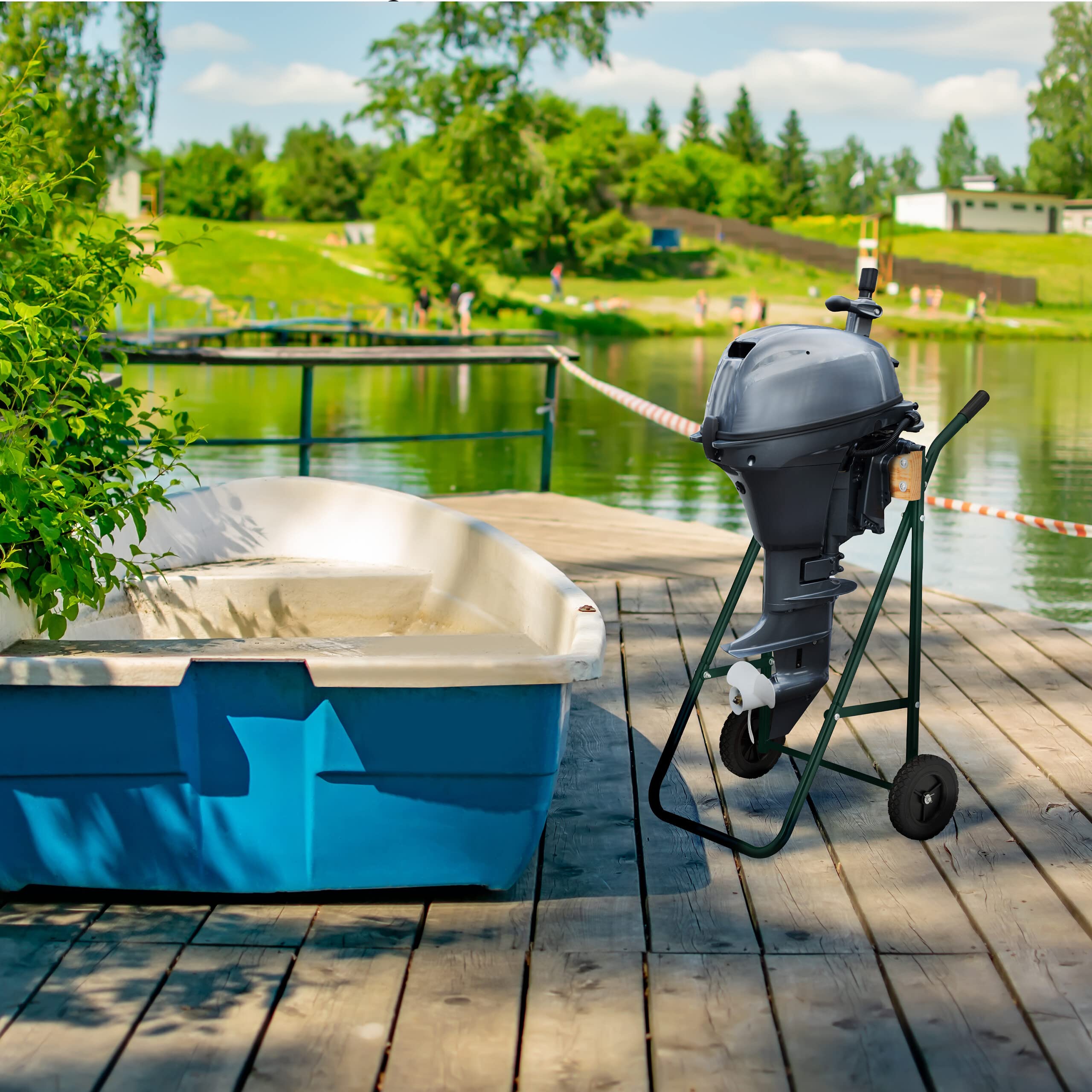 Relaxdays Supporto per Motore Fuoribordo, Carrello per Il Trasporto e Stoccaggio, in Acciaio, Fino a 100 kg, Verde Scuro