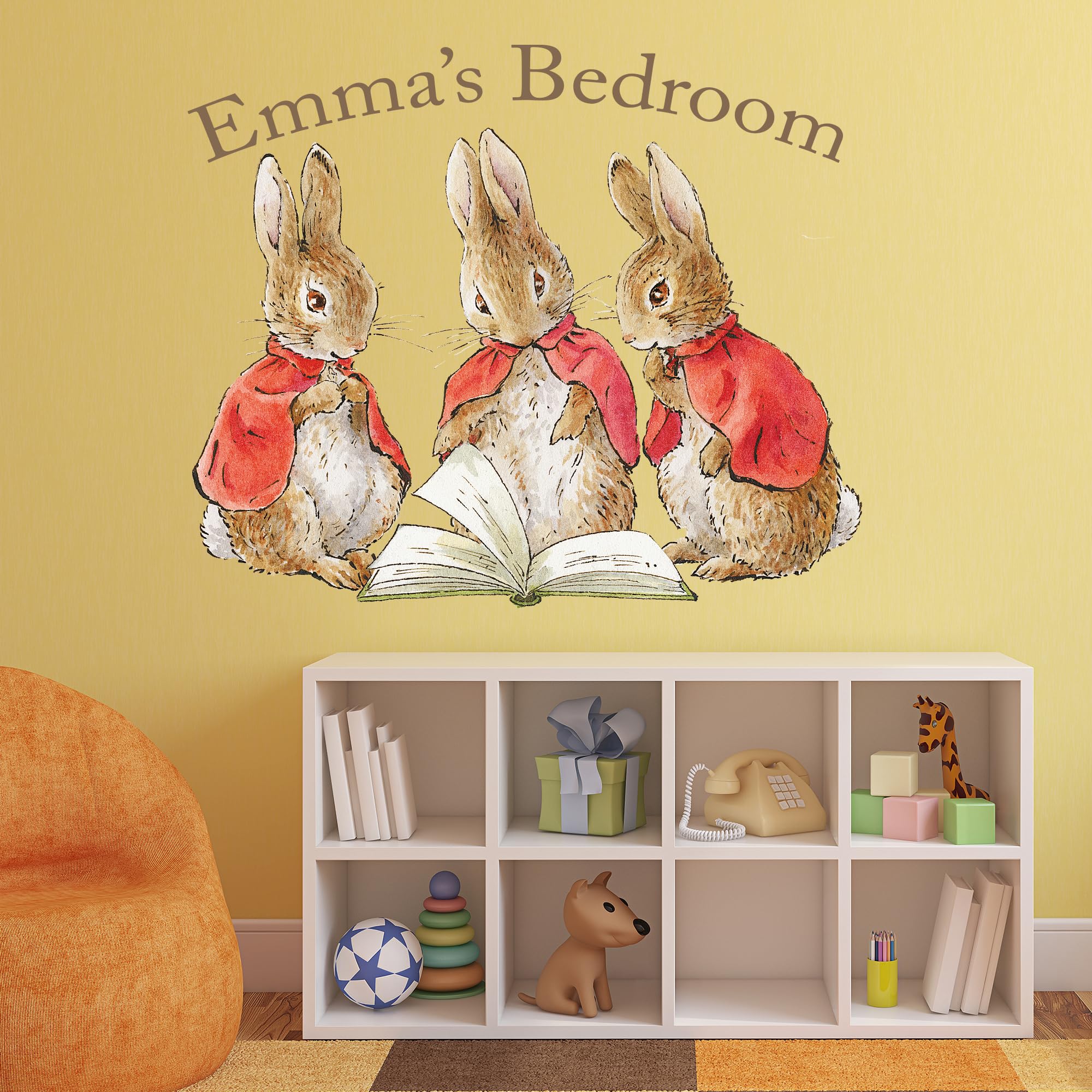 Peter Rabbit Wall Sticker - Peter Rabbit Flopsy Mopsy and Cottontail Reading Personalised Decal Wall Art (120cm Width x 100cm Height)