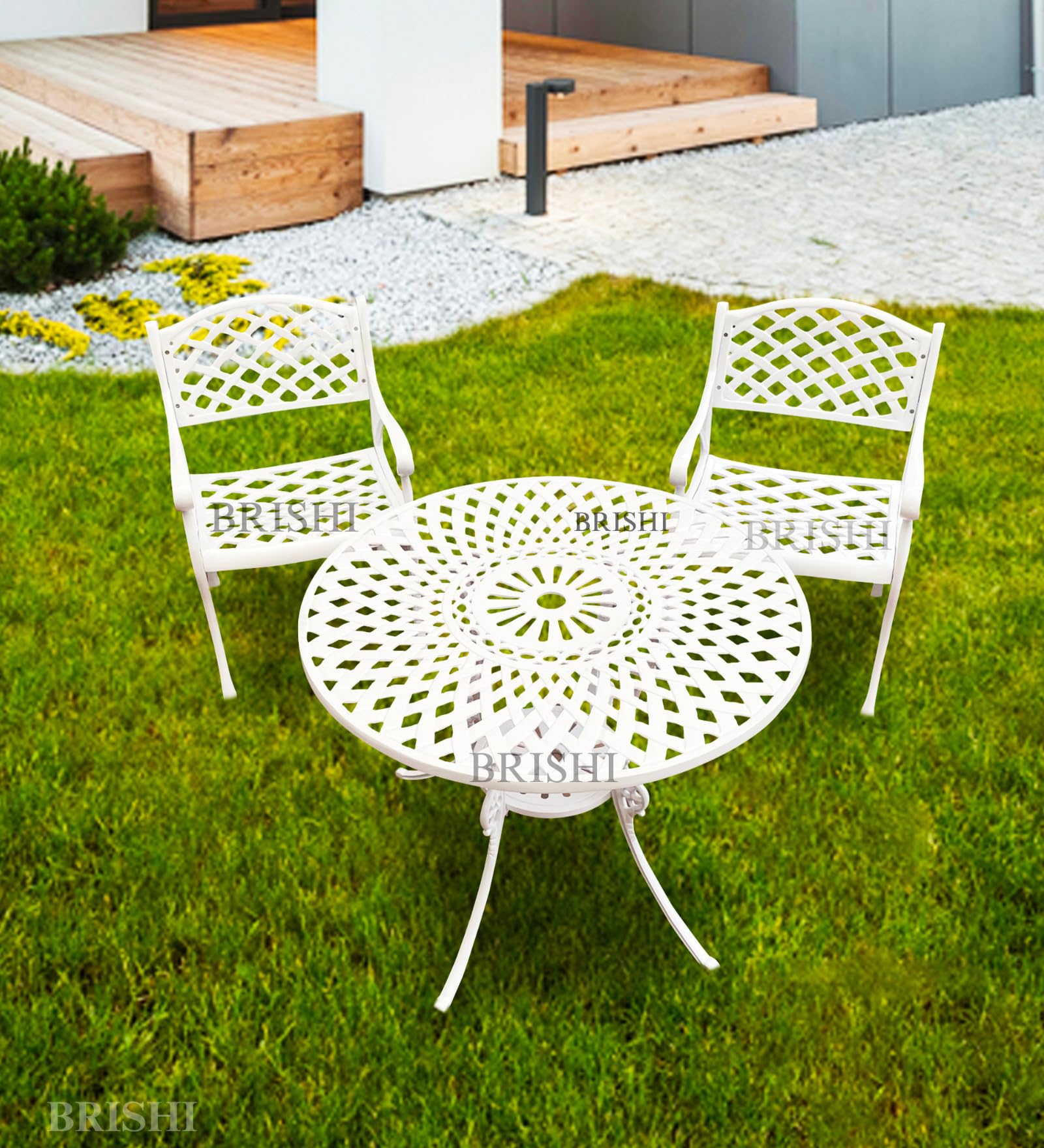 BRISHI Cast Aluminium Garden Patio Seating Chair and Table Set for Balcony Outdoor Furniture with 1 Table and 2 Chair Set (White)-image-48
