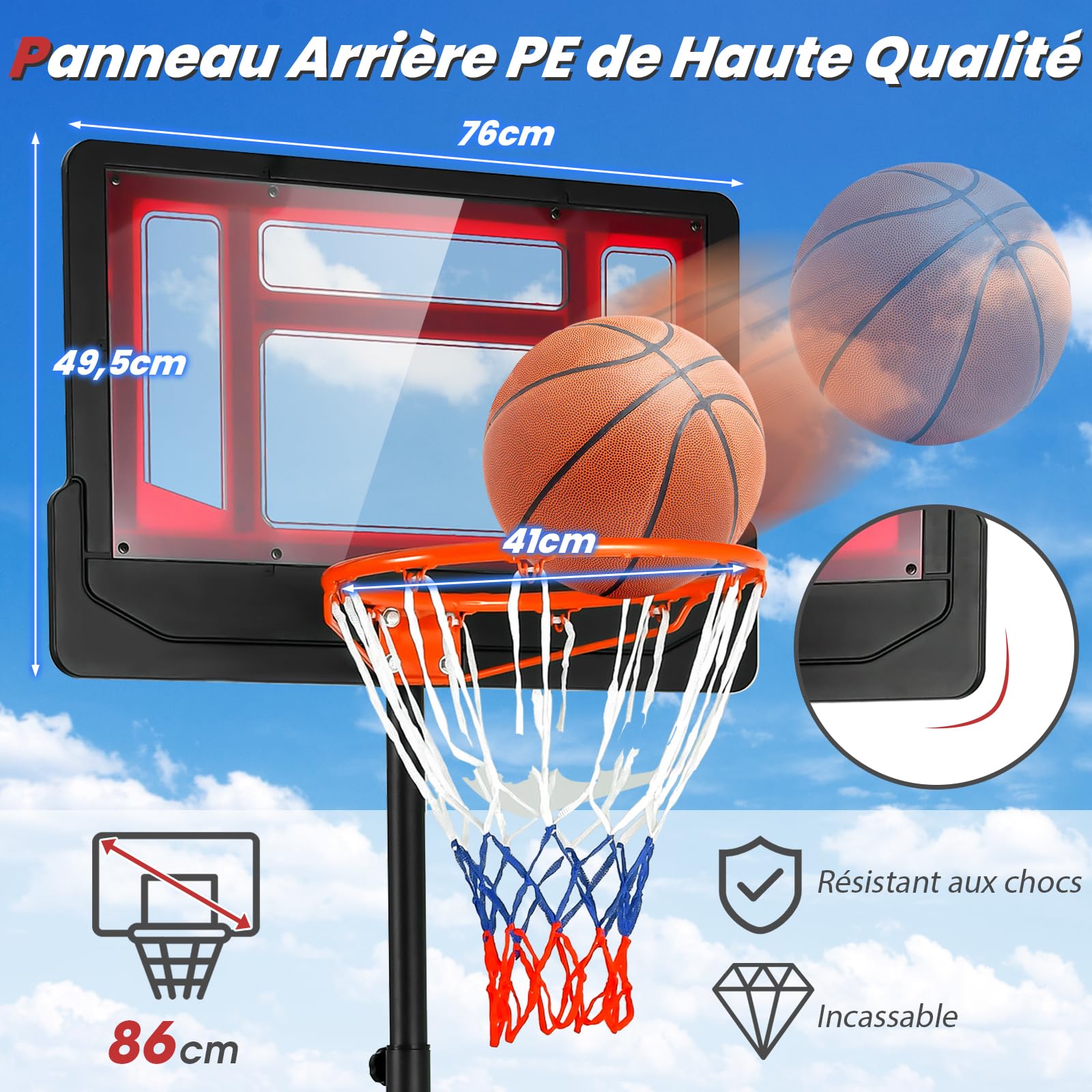 GYMAX Panier de Basket Extérieur pour Enfants, Hauteur Réglable de 90 à 210 CM, Base Stable Remplissable d’Eau ou de Sable, Mobile avec roulettes, Panneau Résistant, Poteau en Métal