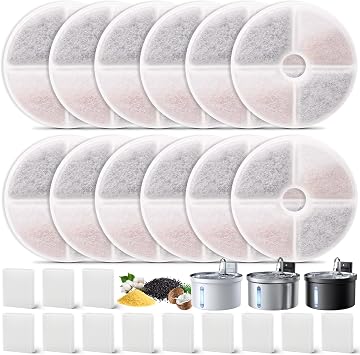 24 Pack Cat Water Filters for FEELNEEDY 3.5L/ 118oz Water Fountain FN-W08L, Ion Exchange Resin with Coconut Shell Activated Carbon Filter Refills, 12 Pack Filters & 12 Pump Sponges