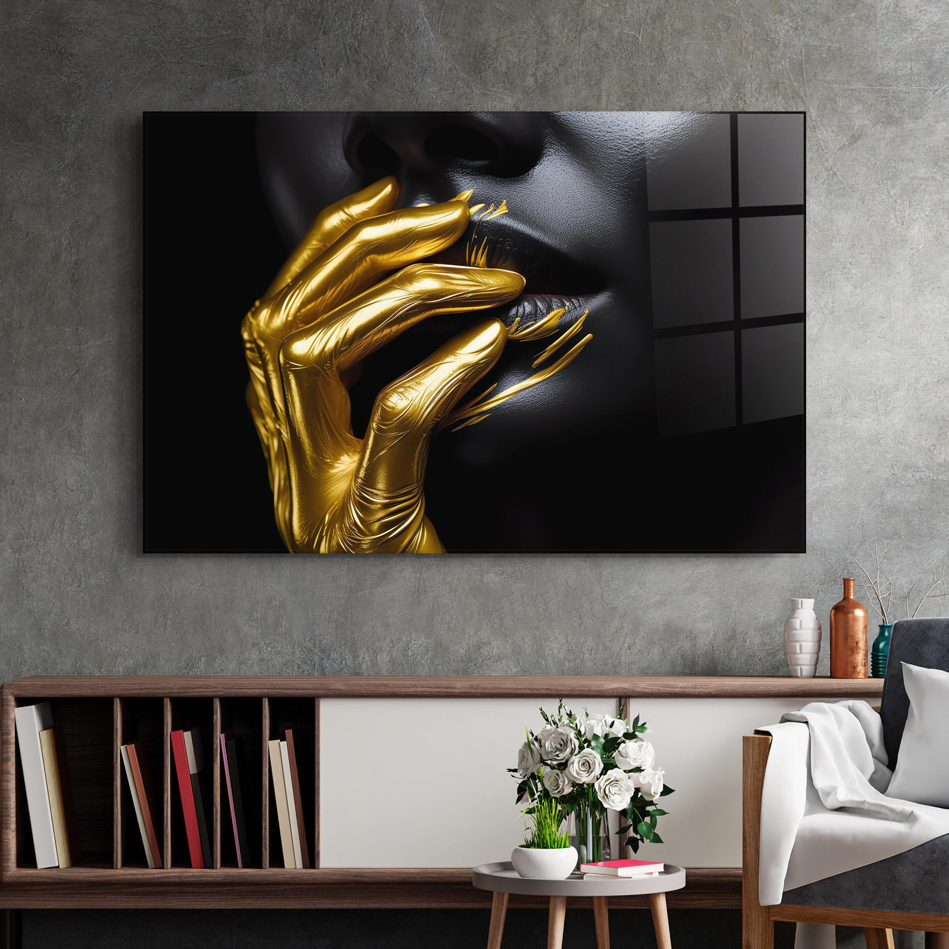 ARTHUB® Moderne impression sur verre 70x100 cm, 4mm verre trempé | Tableau en verre salon et chambre, Décoration murale moderne, Décoration intérieure, femmes, Gold Small Hand