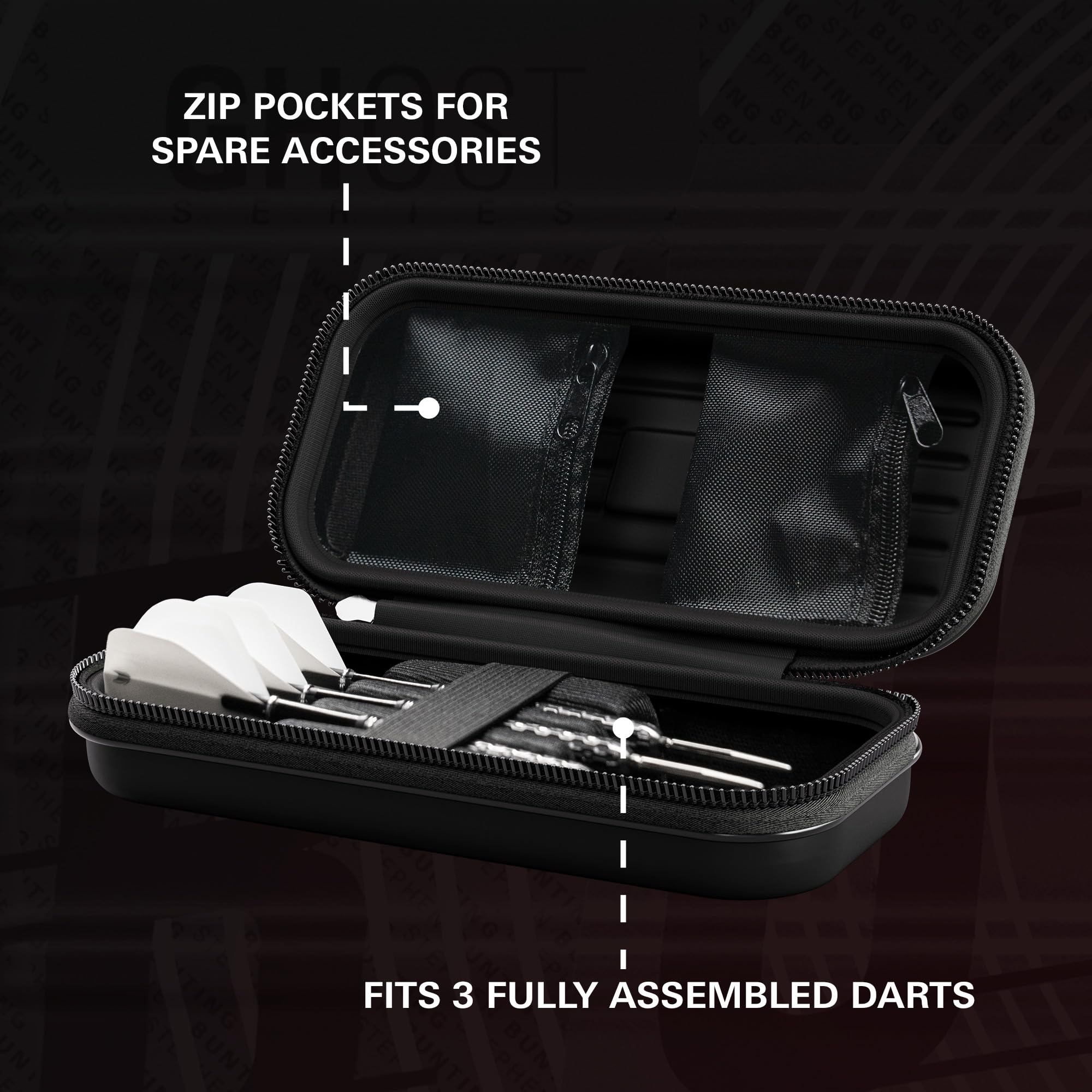 Target Darts Stephen Bunting Ghost Series Takoma Wallet – “The Bullet” etui na 3 zmontowane rzutki, czarno-białe, z zamkiem błyskawicznym, profesjonalne akcesoria do przechowywania.