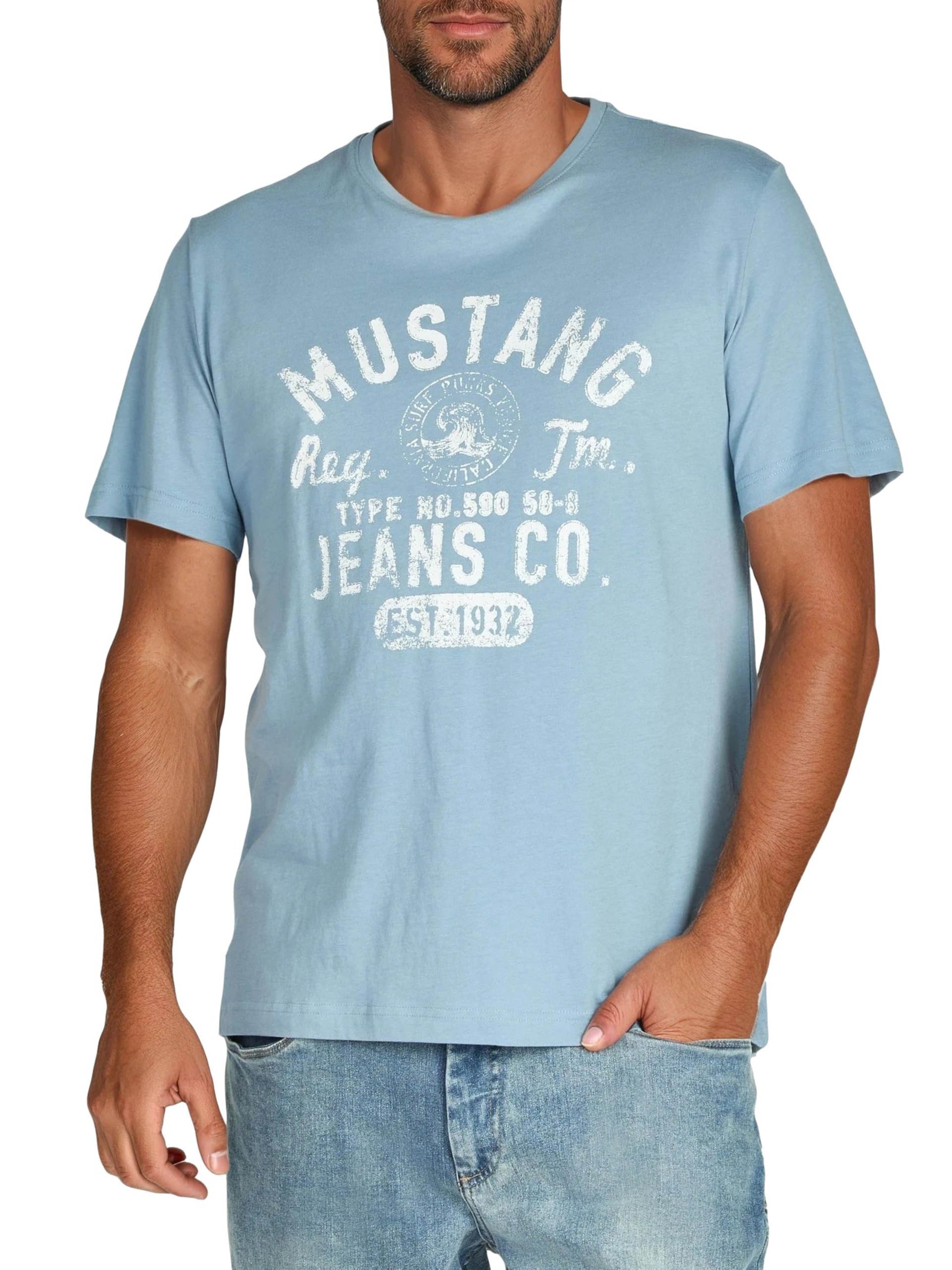 Mustang, Confezione da 4 Magliette da Uomo con Stampa Frontale e Scollo Rotondo, Colori Assortiti Blu e Nero