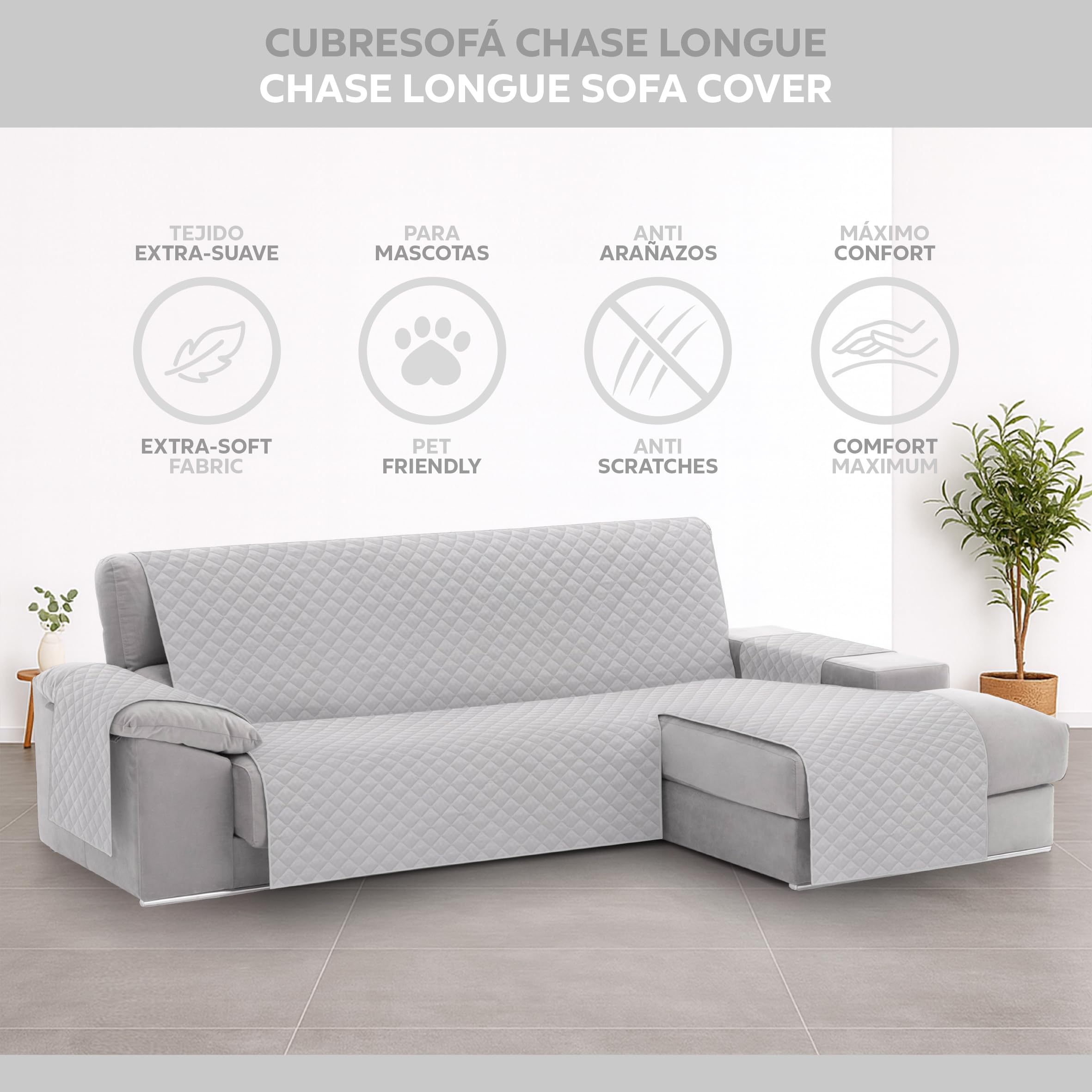 Textilhome Copridivano Chaise Longue con Penisola Malu 240cm – Salvadivano Trapuntato Universale con Bracciolo Destro, Protezione per Animali Domestici, Colore Grigio Chiaro (Visto da Davanti)