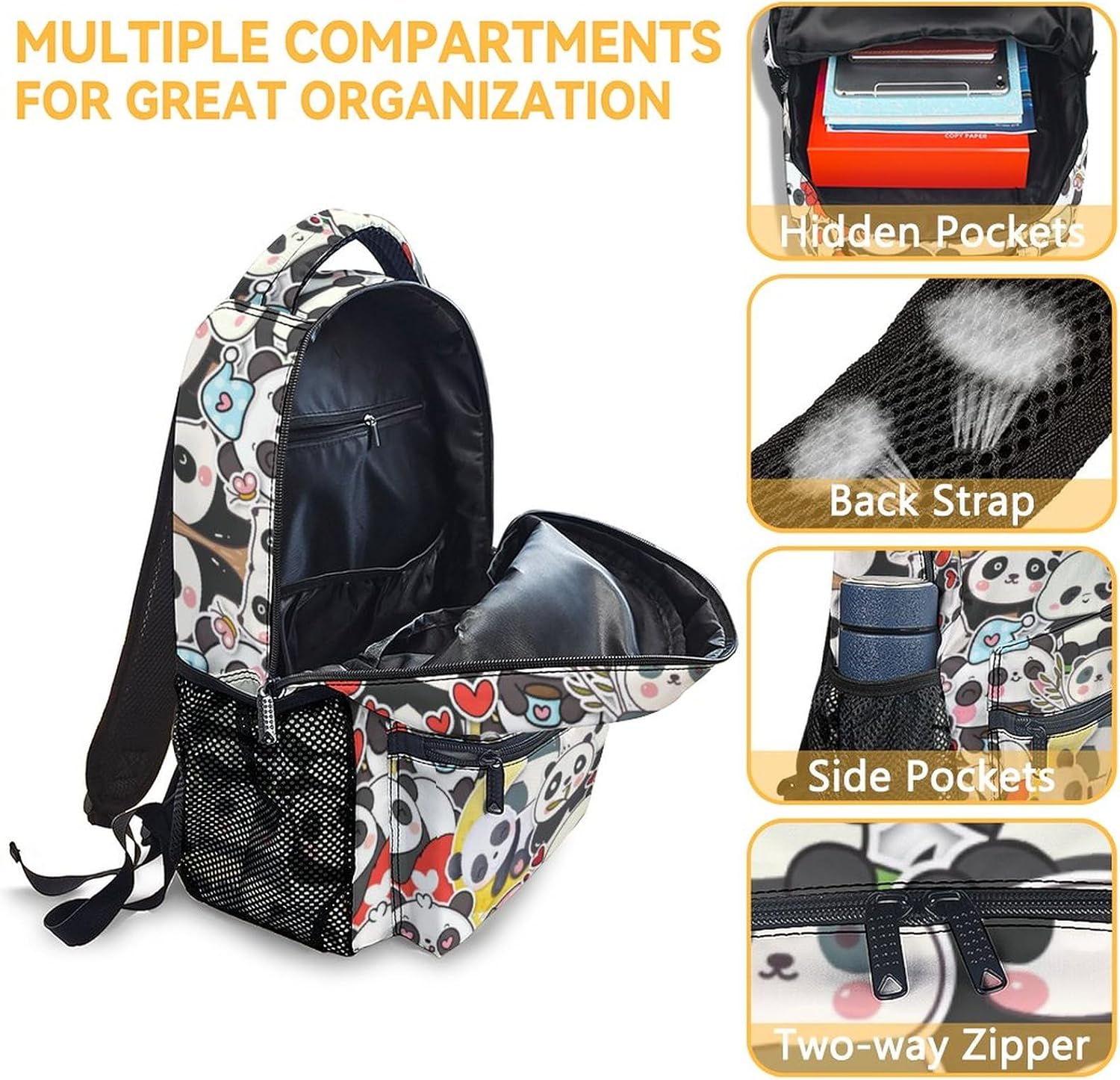Panda Backpacks for Girls, Boys - 16 Inch Cute Backpack for School - Black, Large Capacity, Durable, Lightweight Bookbag for Kids Travel