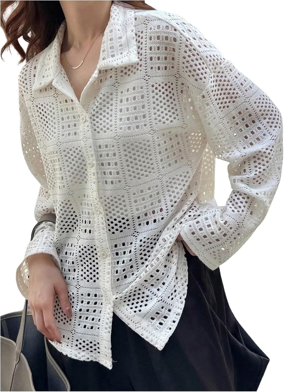SHENHE Women's Crochet Knit Cardigan Long Sleeve Stand Collar Open Front Lightweight Lace Boho Cover Up Sweaters