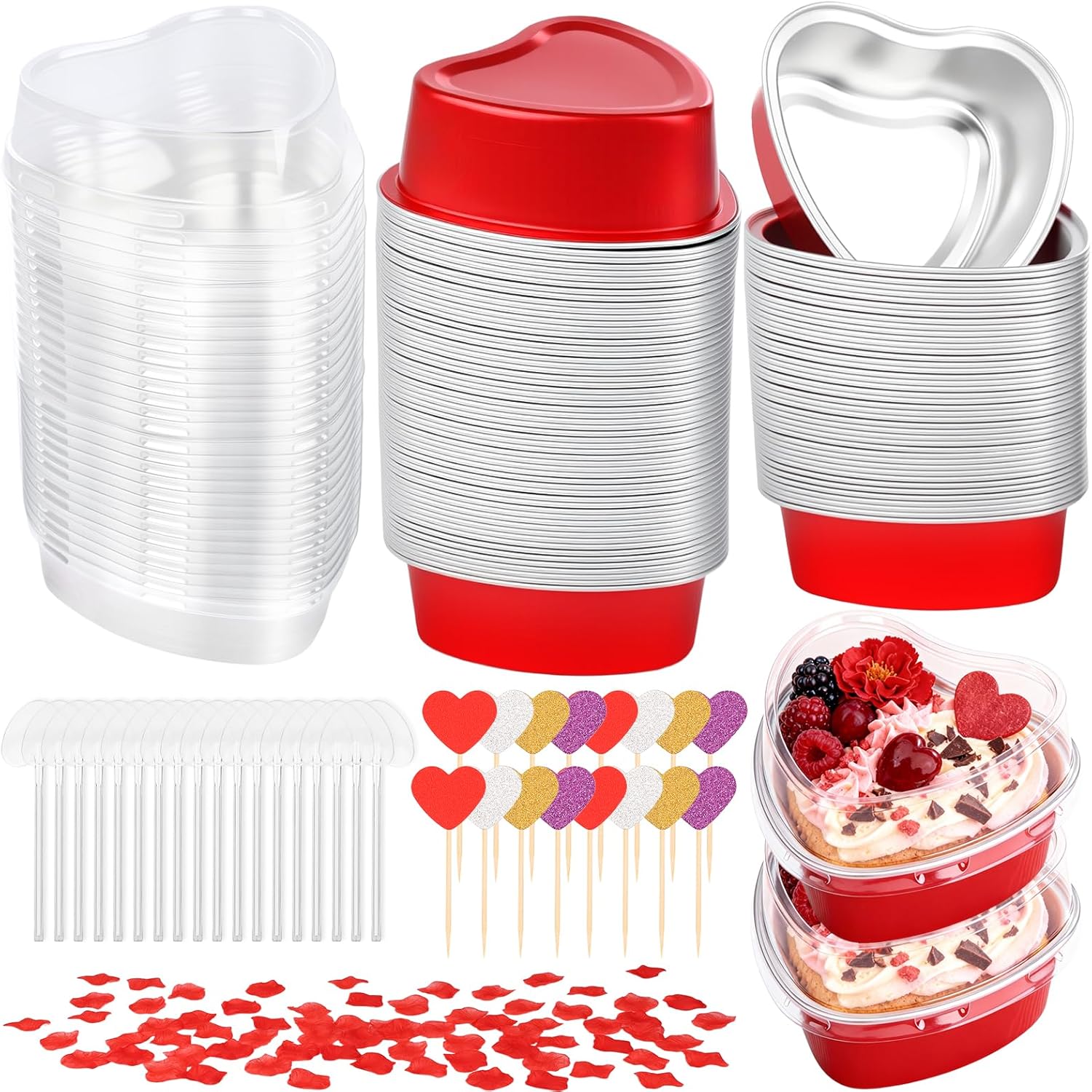 245 PCS 10 oz Mini Cake Pans with Lids, 60 Pack 4.4x4.4 Large Aluminium Foil Pan Mini Cake Tins with Lids and Spoons, Square Individual Baking Pan Cup for Wedding Birthday Party Picnics