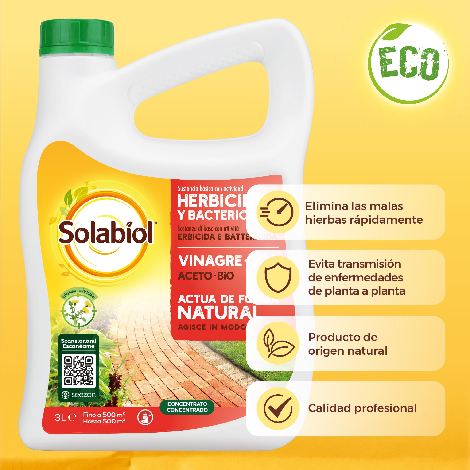 Solabiol, herbicida orgánico completo listo para usar, herbicida para malas hierbas y musgo con efecto desecante, ideal para calzadas y bordes, 3L