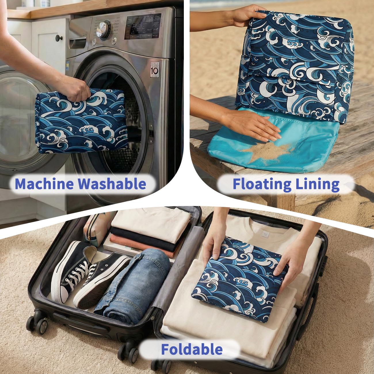 Sac de Plage Femme, 22,7L Poches Multiples Grand Sac Cabas Zippé Femme d'Été Pliable Résistant à l'Eau Sac de Piscine Tote Bag pour Voyage Vacances Achats Vague de Mer