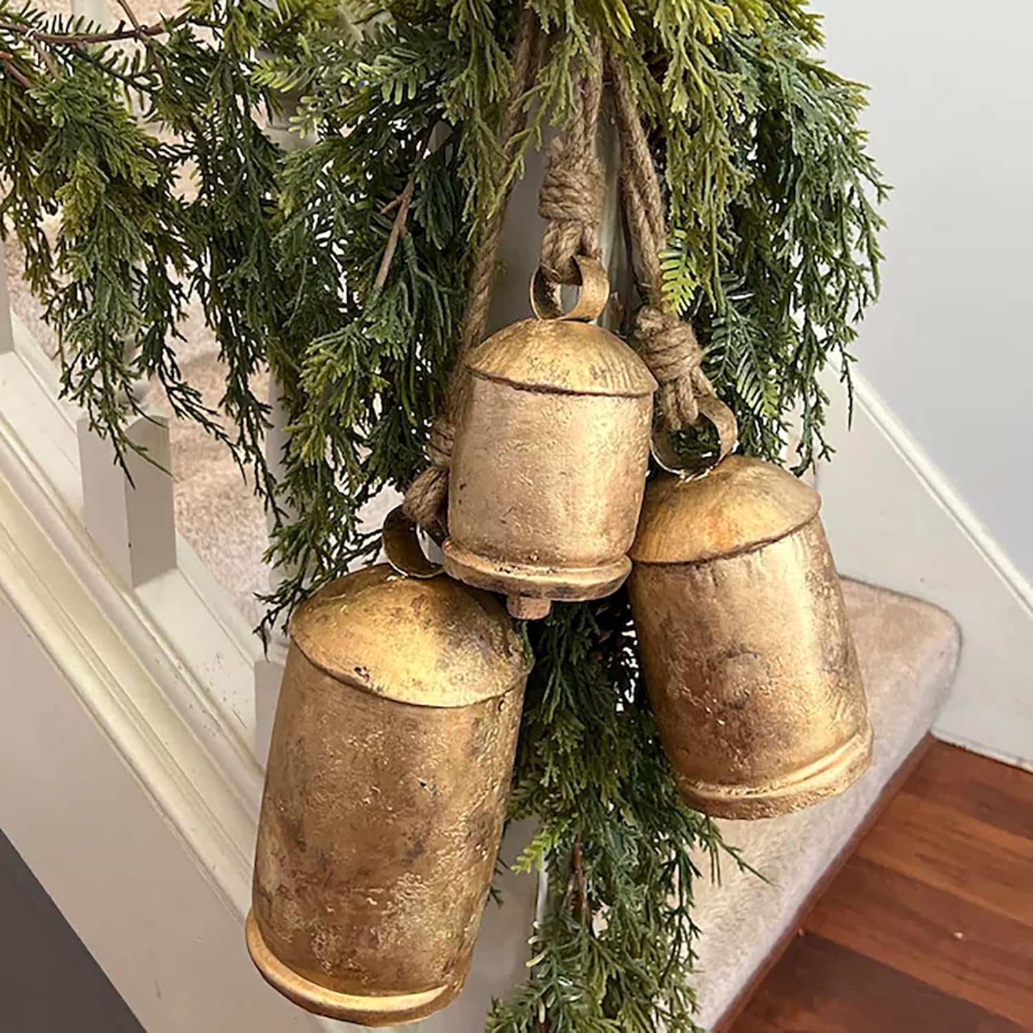 Set of 3 Large Harmony Cow Bells, for Christmas, Large Vintage Handmade Rustic Lucky Christmas Bells with Rope