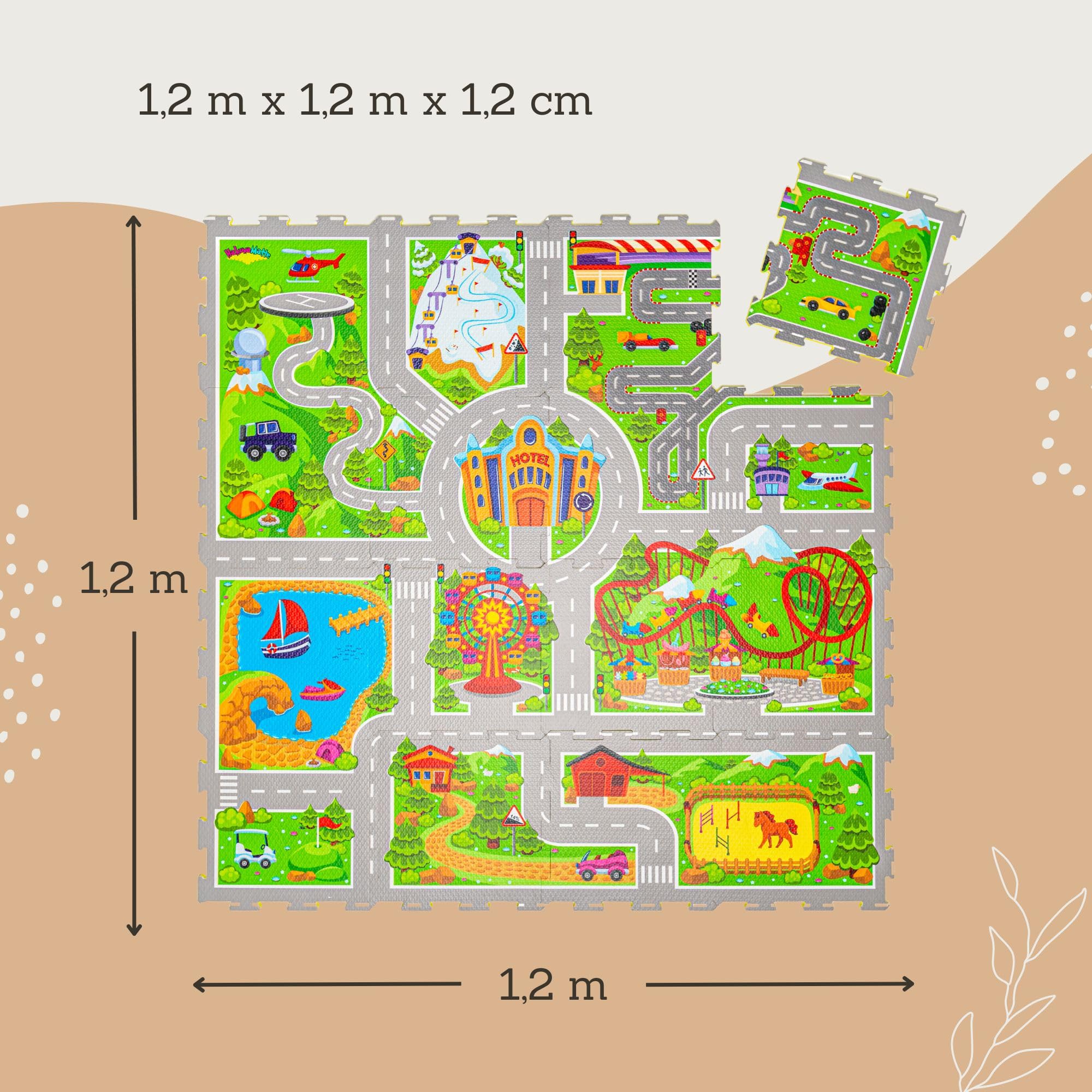 Hakuna Matte Alfombra Infantil Puzzle Diseño Coches 1,2 x 1,2m- 16 Piezas Interconectadas para el Piso - Alfombra Puzzle 20% + Gruesa – Certificado EN-71 Sin Olor – Empaque Caja de Cartón Reciclable