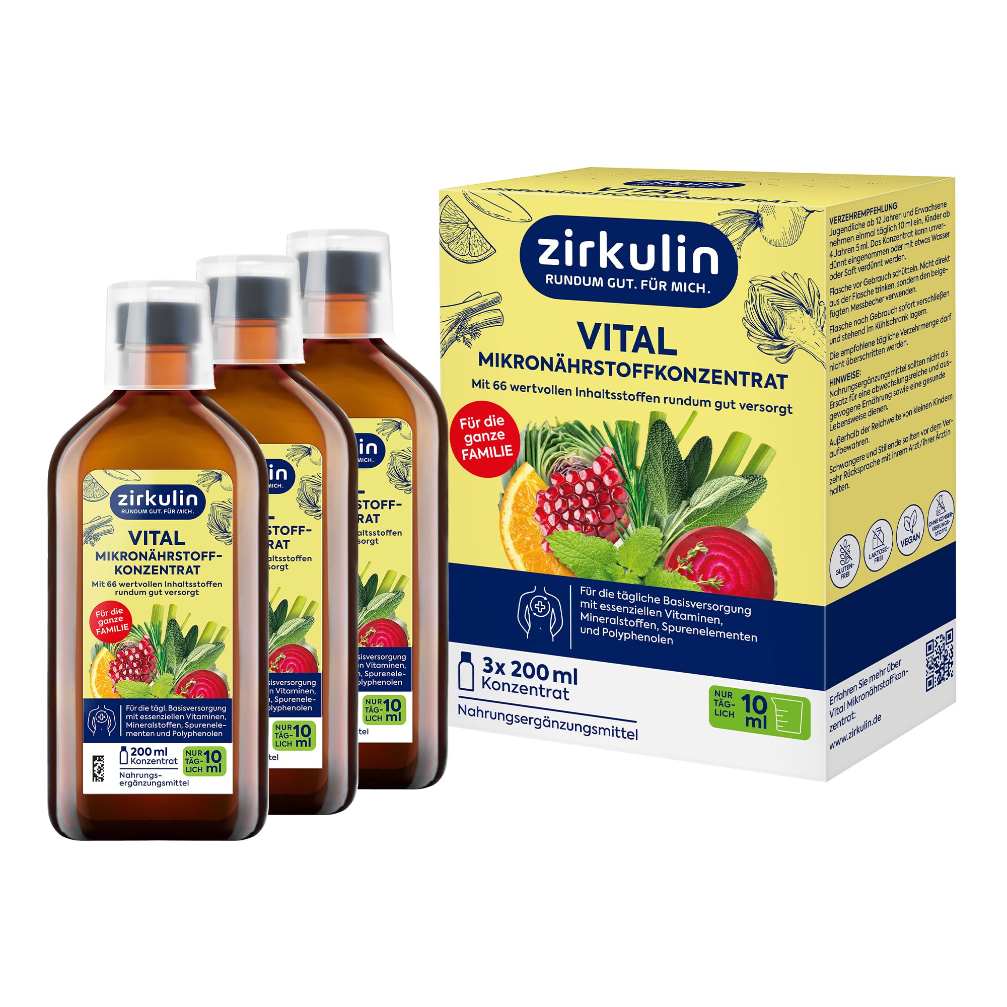 Zirkulin Vital Mikronährstoffkonzentrat 3x200ml – 60 Tage Reichweite - 66 Vitalstoffe aus Obst, Gemüse & Kräutern - Wertvolle Polyphenole – Vitamine & Mineralstoffe für die Familie
