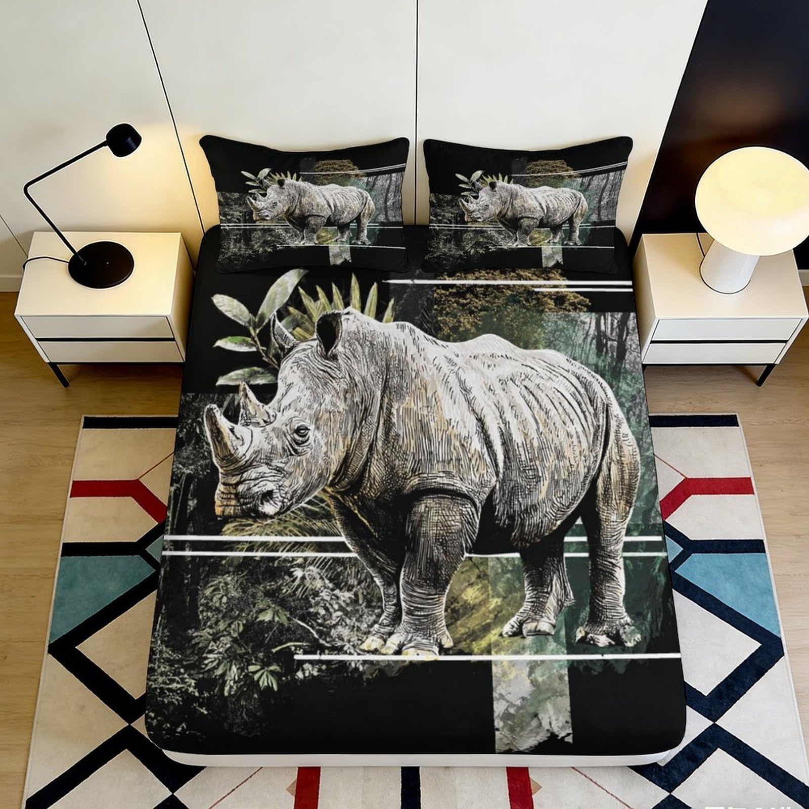 3D Printed Rhino Pattern Fitted Sheet Microfiber Soft Breathable Wildlife Bed Cover for Bedroom Dormitory Guest Room Mattress Protection 180x200x25cm