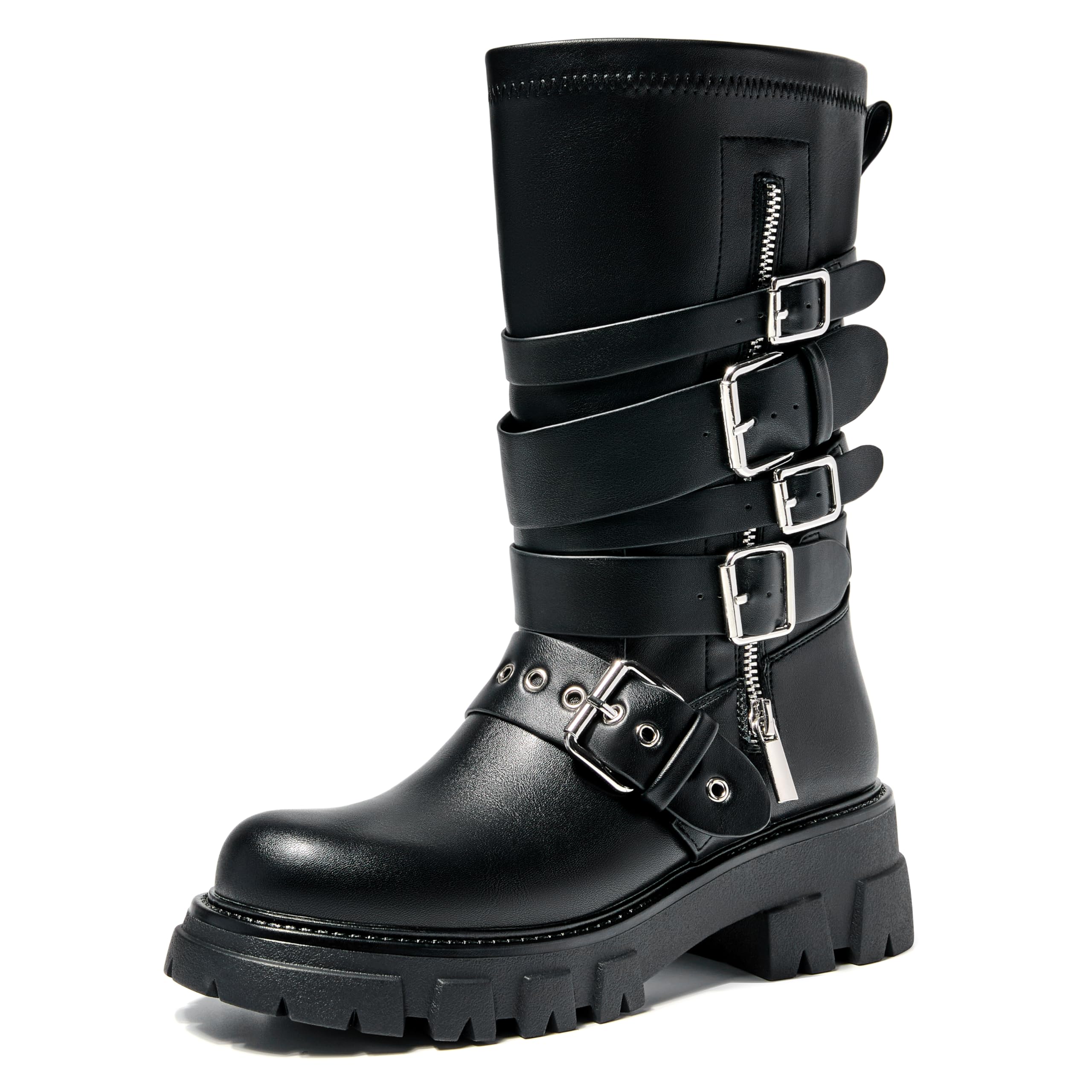 Womens Mid Calf Buckle Combat Boots Low Chunky Heel Motorcycle Riding Biker Boots