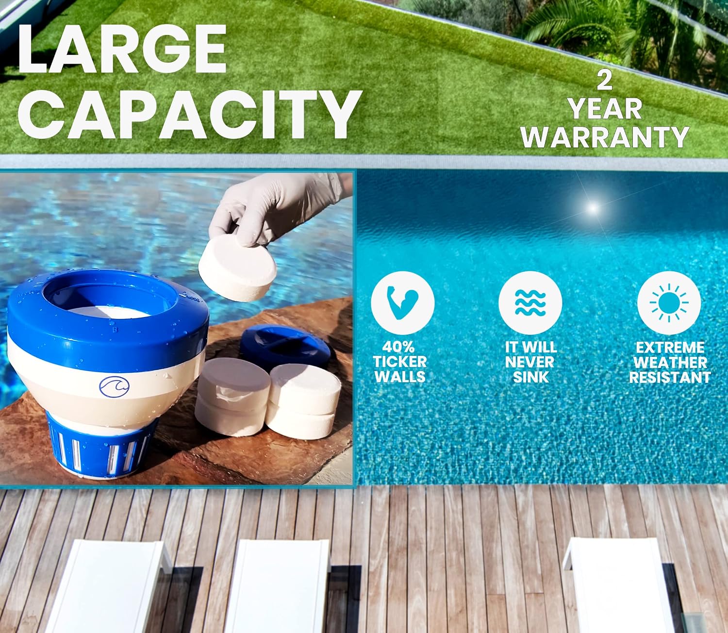 Cclear Pool Chlorine Floater for 3 inch Chlorine Tablets, 40% Thicker Walls, 7 inch Large Chlorine Dispenser for Inground and Above Ground Swimming Pool, 2 Year Warranty (for 3-inch Chlorine Tablets)