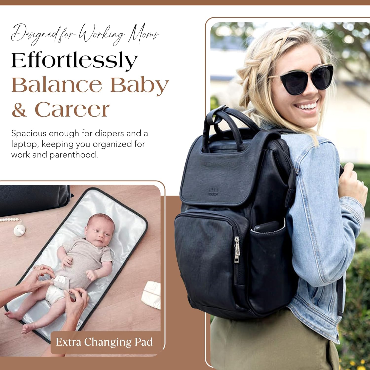 Citi Collective Explorer Black Diaper Bag Backpack - Vegan Leather Diaper Bag with Shoulder Strap, Insulated Bottle Pockets, Changing Pad, Stroller Clip- Versatile Diaper Bag for Baby - Image 6