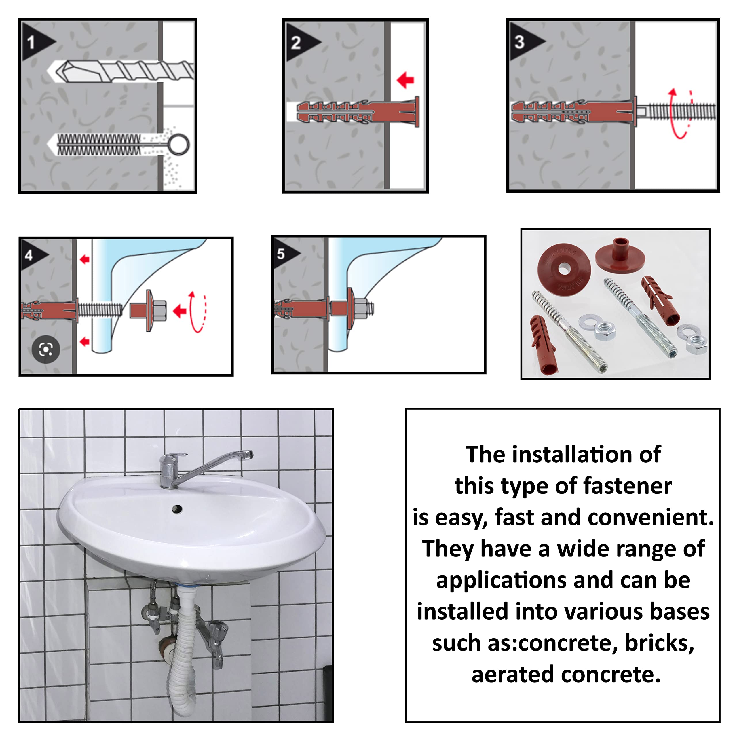 AERZETIX - C65237 - Kit di fissaggio a parete per lavabo sospeso sanitario vite M10x140mm - prigionieri filettati - tassello Ø14x75mm - kit di montaggio lavello fissaggio impianti idraulici