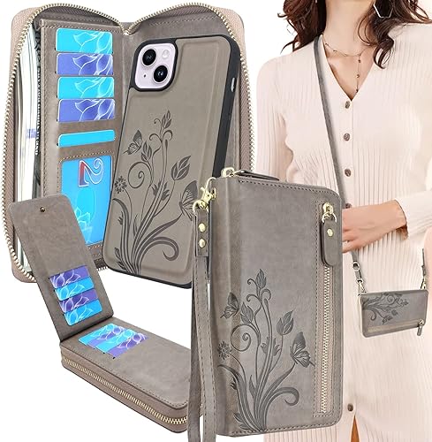 Lacass Funda compatible con iPhone 15 PlusiPhone 14 Plus, Crossbody con doble cremallera desmontable de cuero tipo cartera funda para teléfono (gris Lacass Funda compatible con iPhone 15 PlusiPhone 14 Plus, Crossbody con doble cremallera desmontable de cuero tipo cartera funda para teléfono (gris