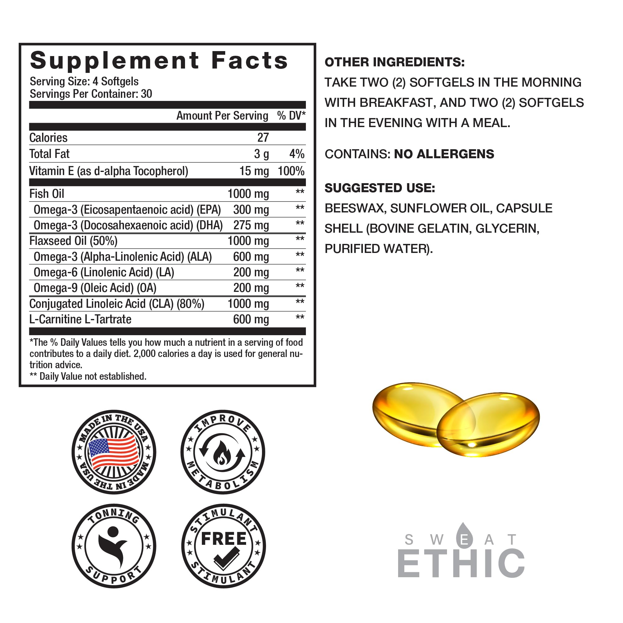 Amazon.com: Sweat Ethic Omega Lean Muscle Toner, Non Stimulant Formula with Omega 3, 6 & 9 Fatty Acids, Cla, L Carnitine & Vitamin E, Fish Oil Capsules, Daily Supplements for Men & Amazon.com: Sweat Ethic Omega Lean Muscle Toner, Non Stimulant Formula with Omega 3, 6 & 9 Fatty Acids, Cla, L Carnitine & Vitamin E, Fish Oil Capsules, Daily Supplements for Men &