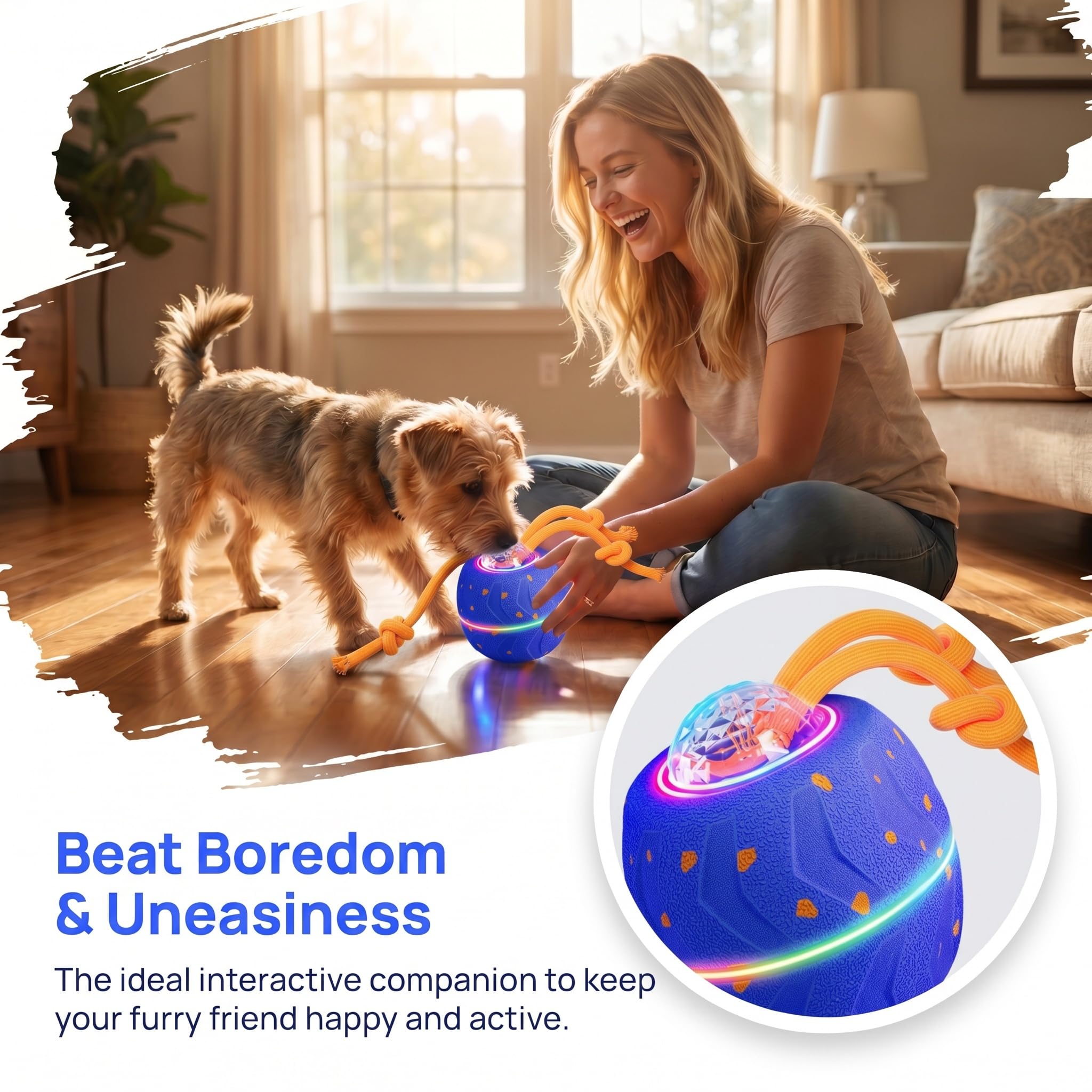 Pallina Interattiva per Cani, Palla Interattiva 3 Modalità, E-TPU, Ricarica USB-C, Sicura Anti-ingestione, Per Cani Piccoli e Grandi (Blu)