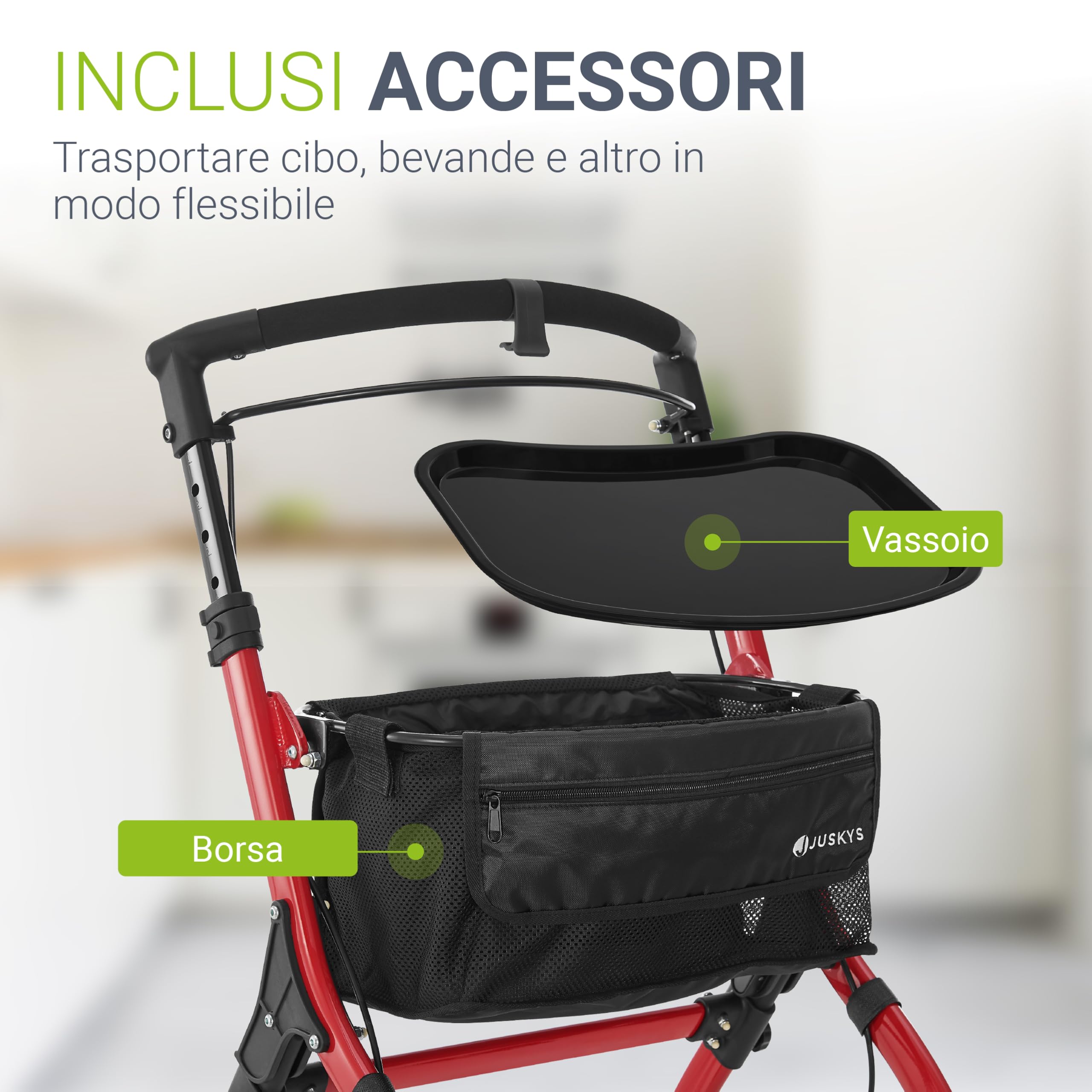 Juskys Deambulatore da Interno in Alluminio con Vassoio & Borsa - Rollator Leggero, Stretto & Pieghevole - Rosso