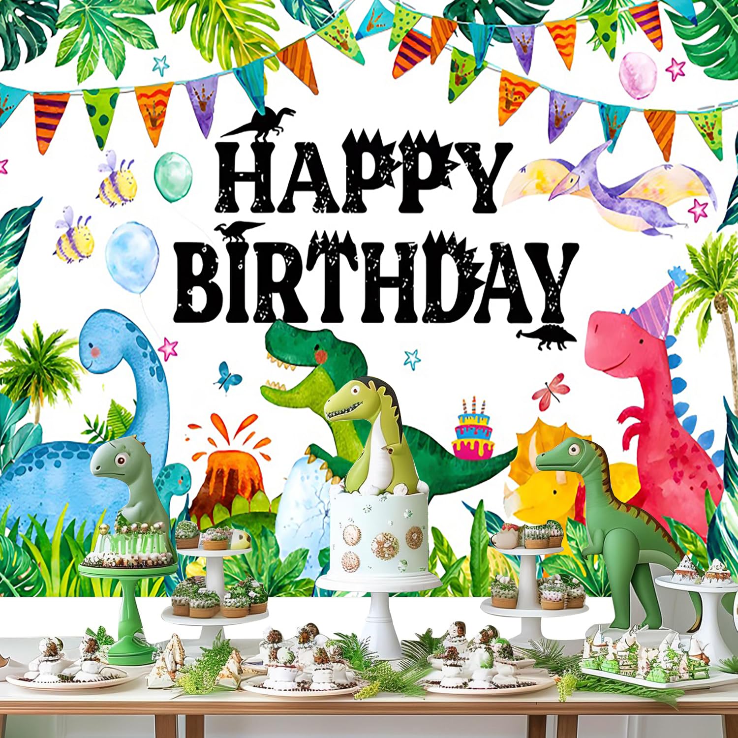3x2m Telón de Fondo Dinosaurio de Dibujos Animados de Acuarela de la Selva de Dinosaurios Foto Feliz Cumpleaños Fotografía de Fondo Niños Niñas Dino Tema Cumpleaños Decoraciones