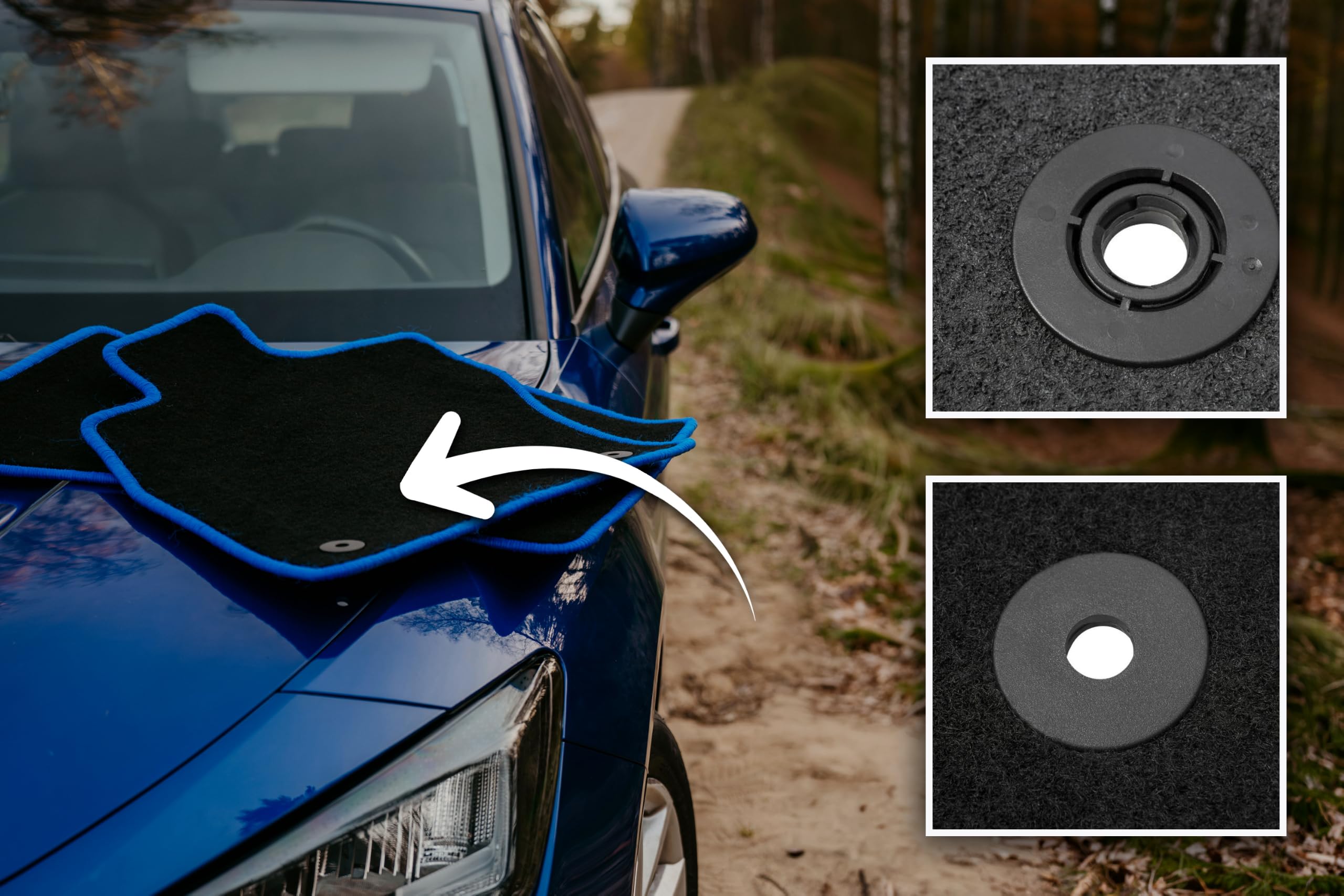 CARLUX-BLUE dywaniki welurowe kompatybilne z Chrysler Pacifica II hybryda 7 os od 2017 - zestaw 5 szt., czarne z niebieskim obszyciem