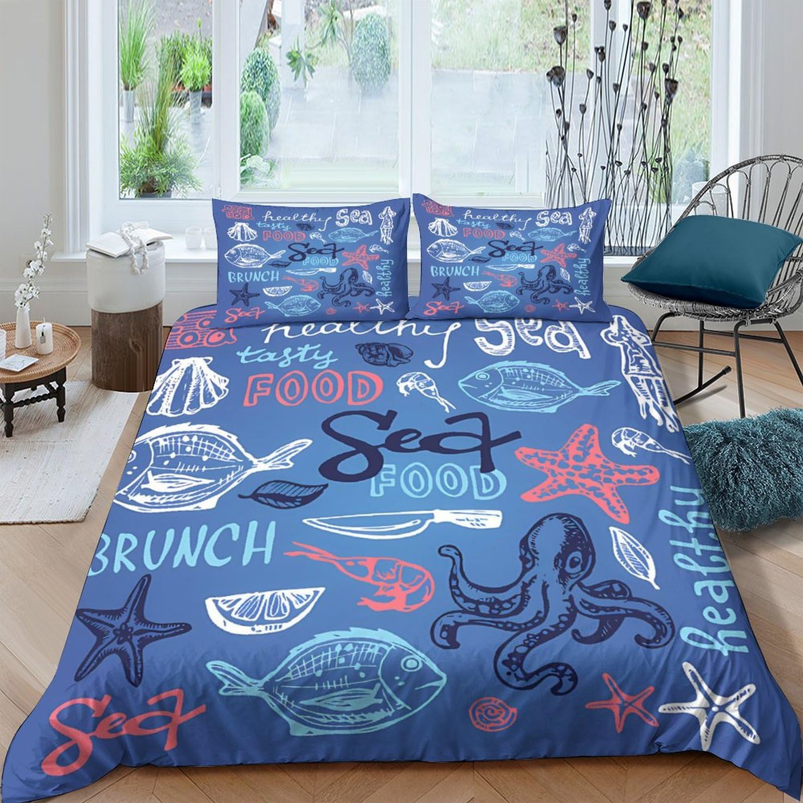 Housse de couette 3D imprimé poulpe parure de lit microfibre 200x200cm taie oreiller theme mer lit double