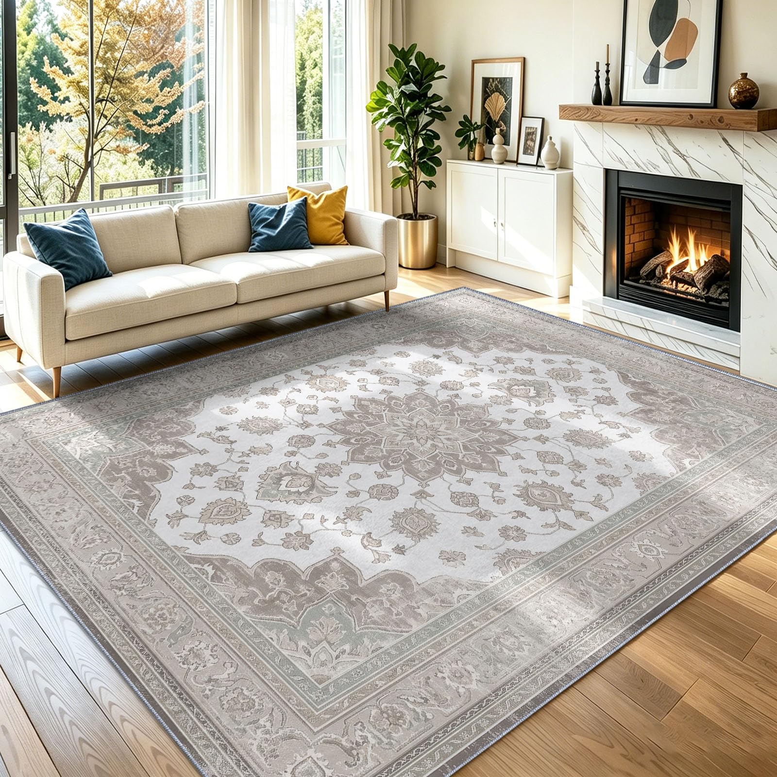Tapis 120 x 170 cm Style Vintage Usé Lavable Clair